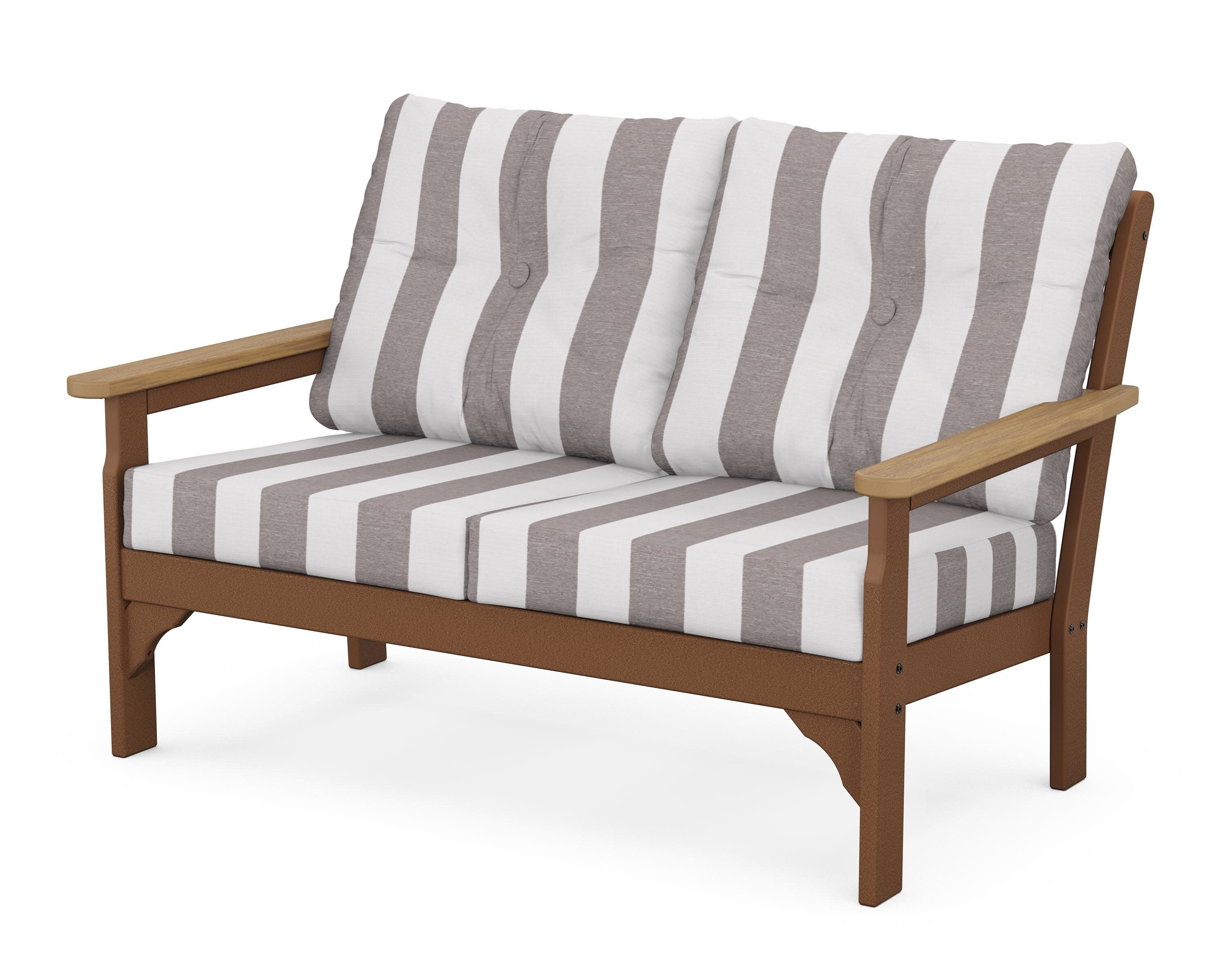 Vineyard Deep Seating Loveseat in Teak / Natural / Cabana Stripe Grey Mist