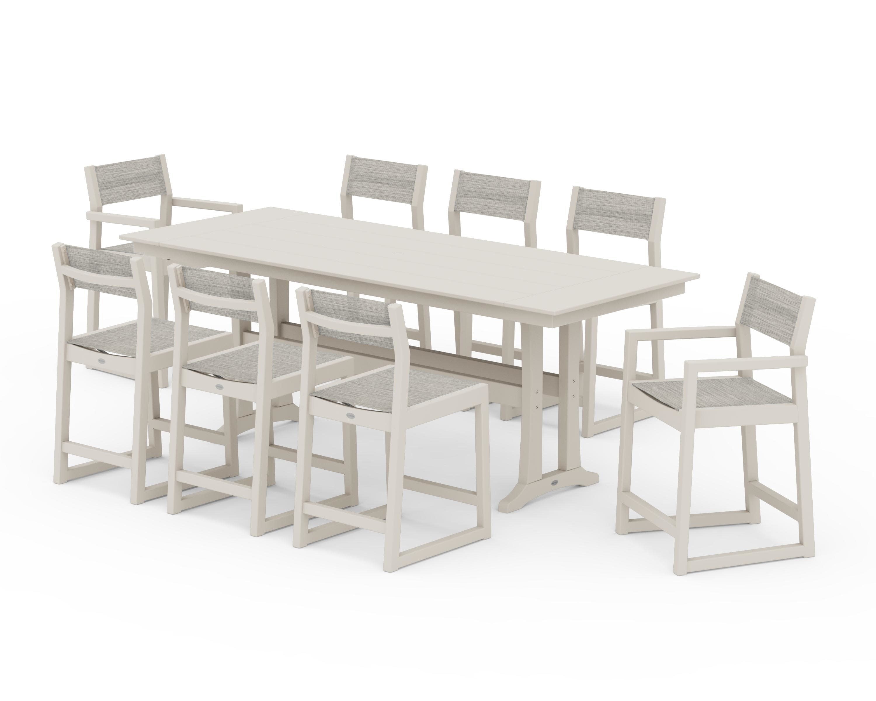 EDGE Sling 9-Piece Farmhouse Counter Set with Trestle Legs in Sand / Birch Sling