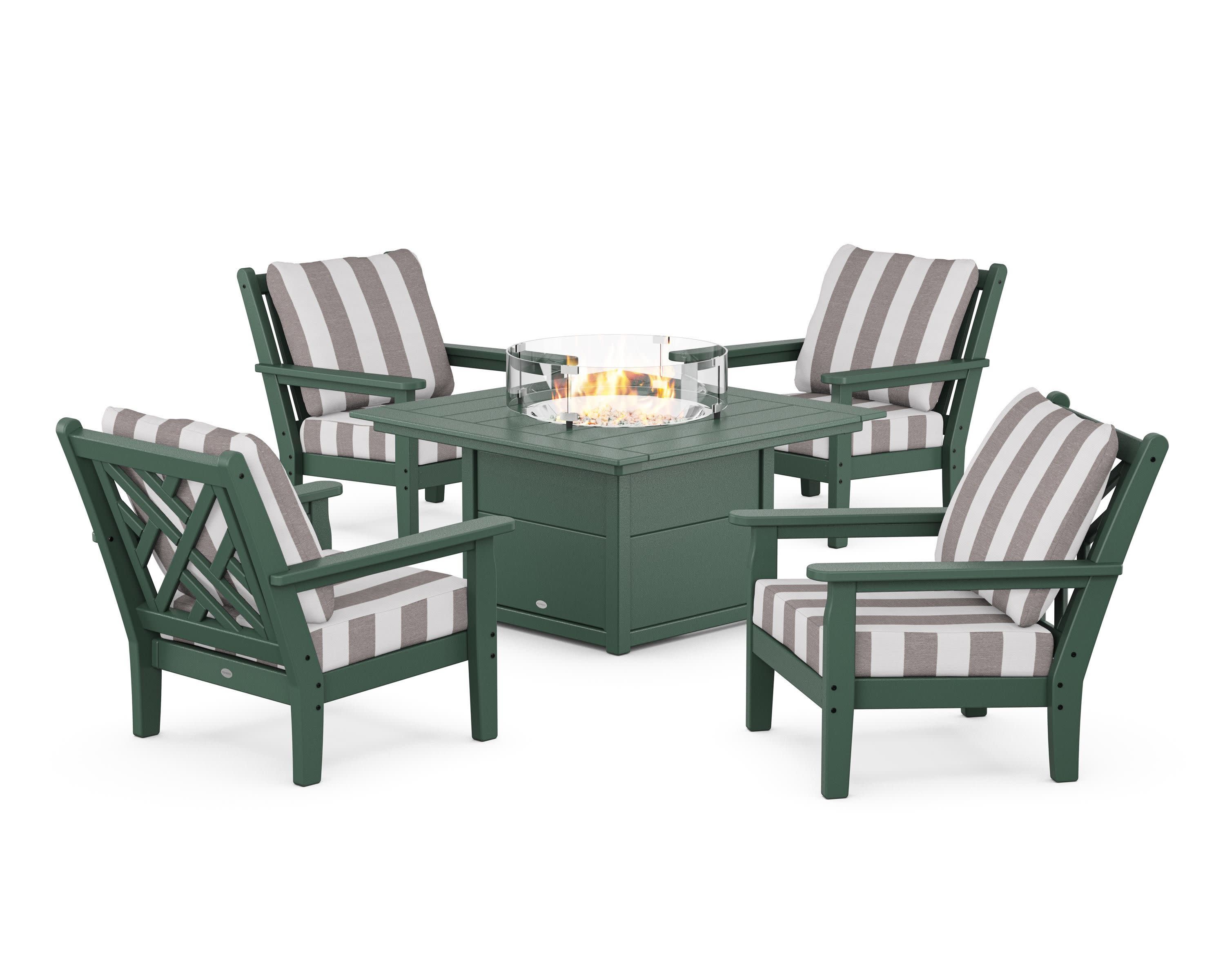Chippendale 5-Piece Deep Seating Set with Fire Pit Table in Green / Cabana Stripe Grey Mist