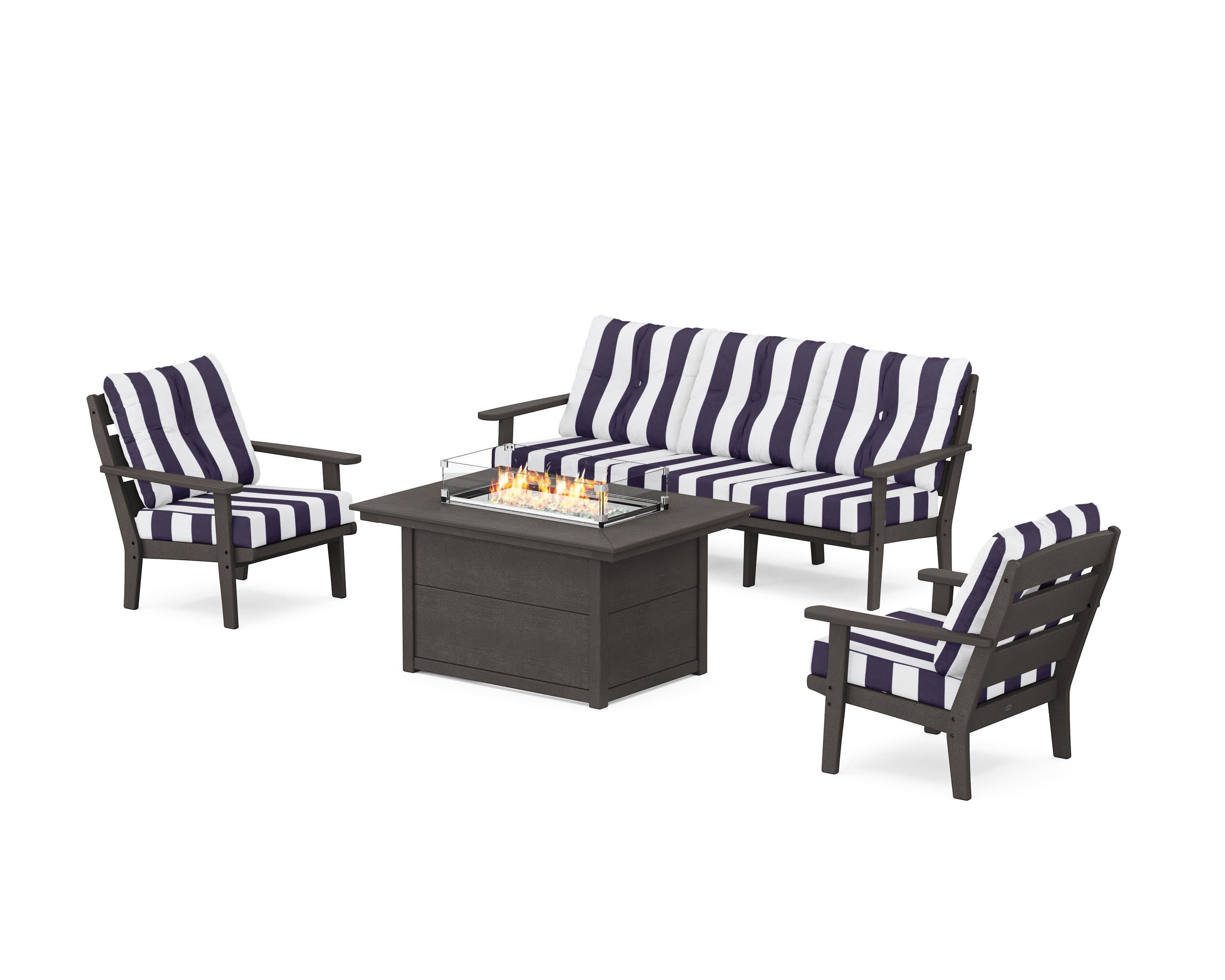 Lakeside Deep Seating Fire Pit Table Set in Vintage Coffee / Cabana Stripe Navy