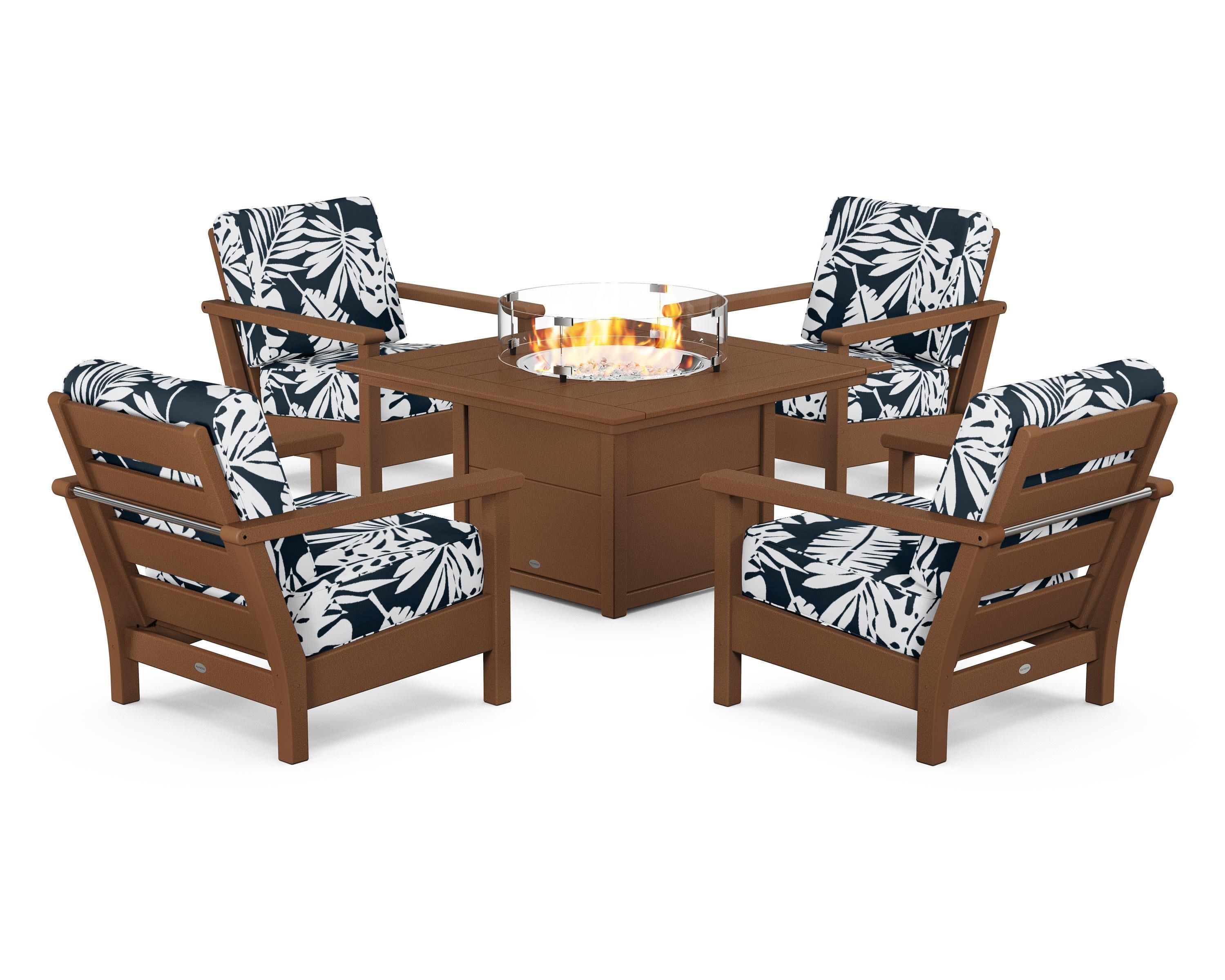 Harbour 5-Piece Conversation Set with Fire Pit Table in Teak / Leaf Marine Indigo