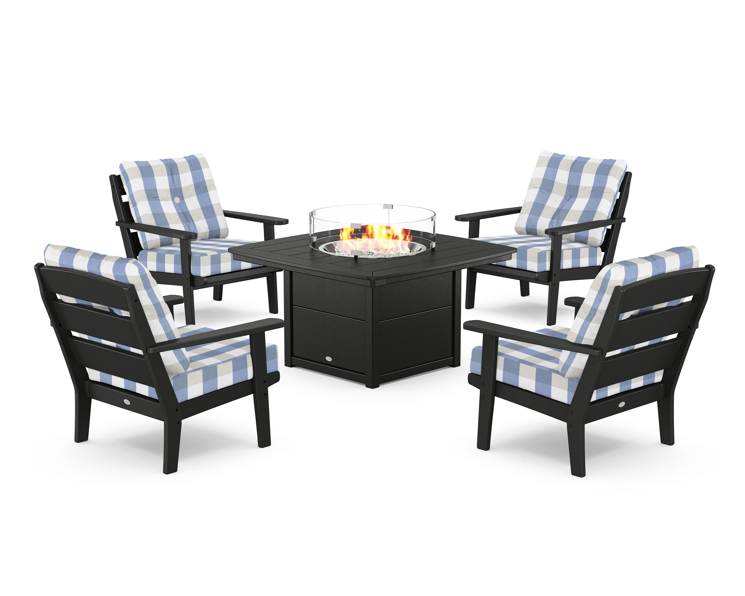 Lakeside 5-Piece Deep Seating Set with Nautical Fire Pit Table in Black / Buffalo Plaid Sky Blue