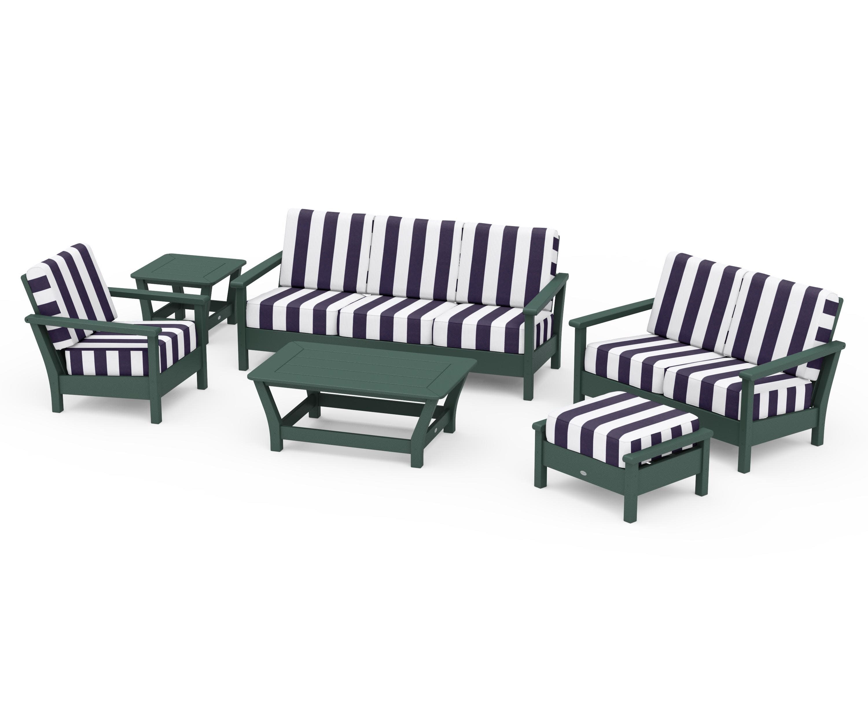 Harbour 6-Piece Outdoor Living Set in Green / Cabana Stripe Navy