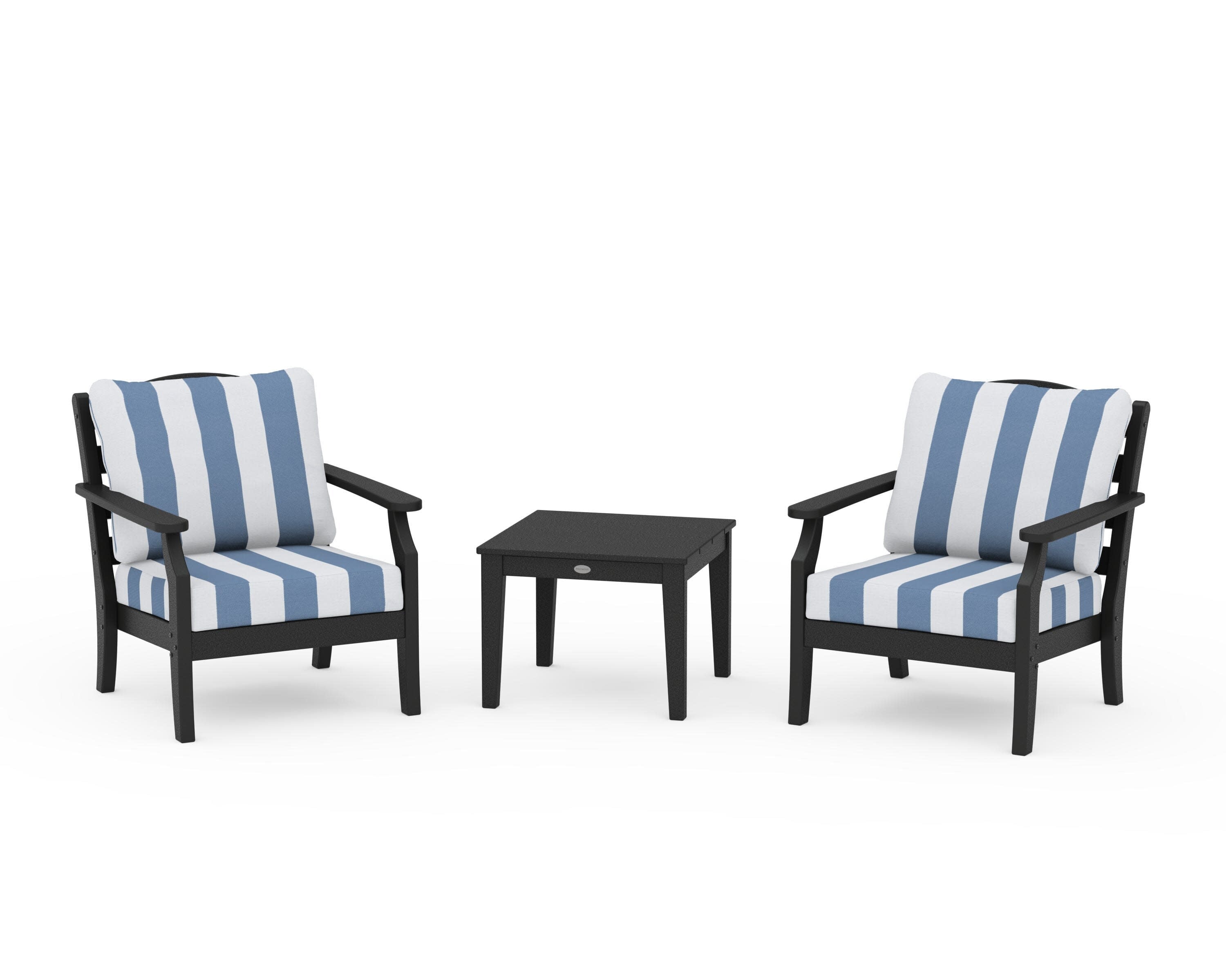 Savannah 3-Piece Deep Seating Set in Black / Cabana Stripe Sky Blue