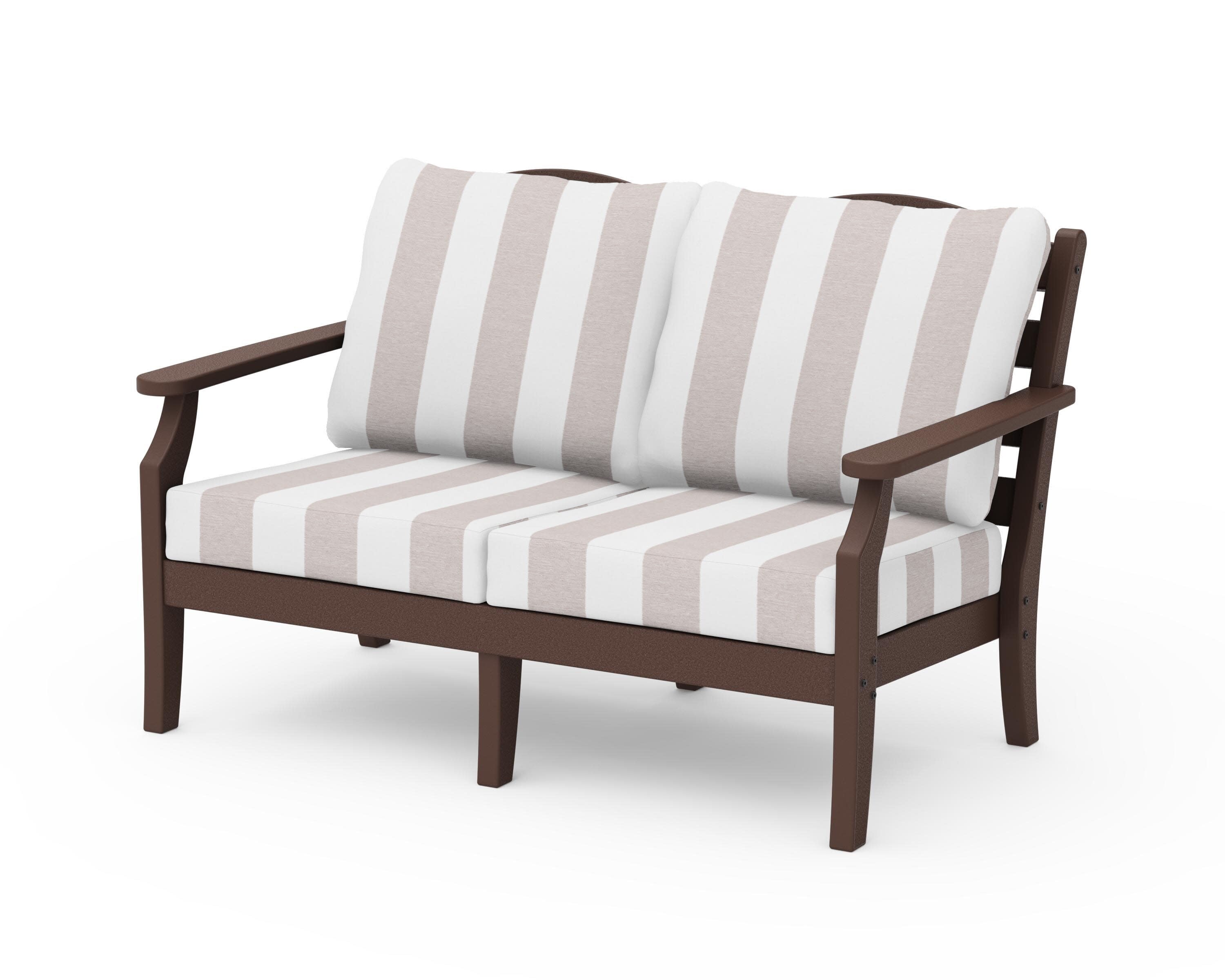Savannah Deep Seating Loveseat in Mahogany / Cabana Stripe Dune Burlap