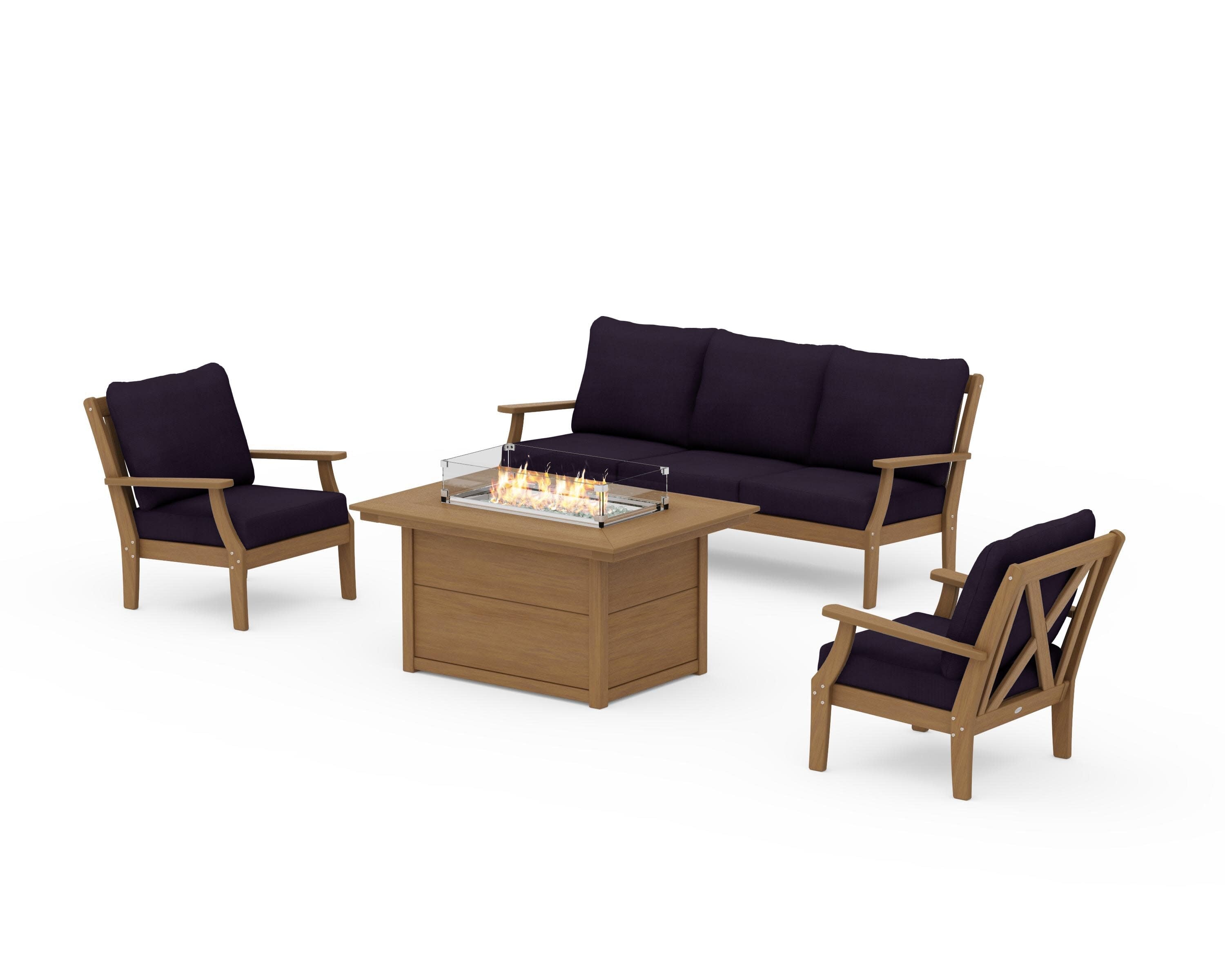 Braxton Deep Seating Fire Pit Table Set in Natural / Navy Linen