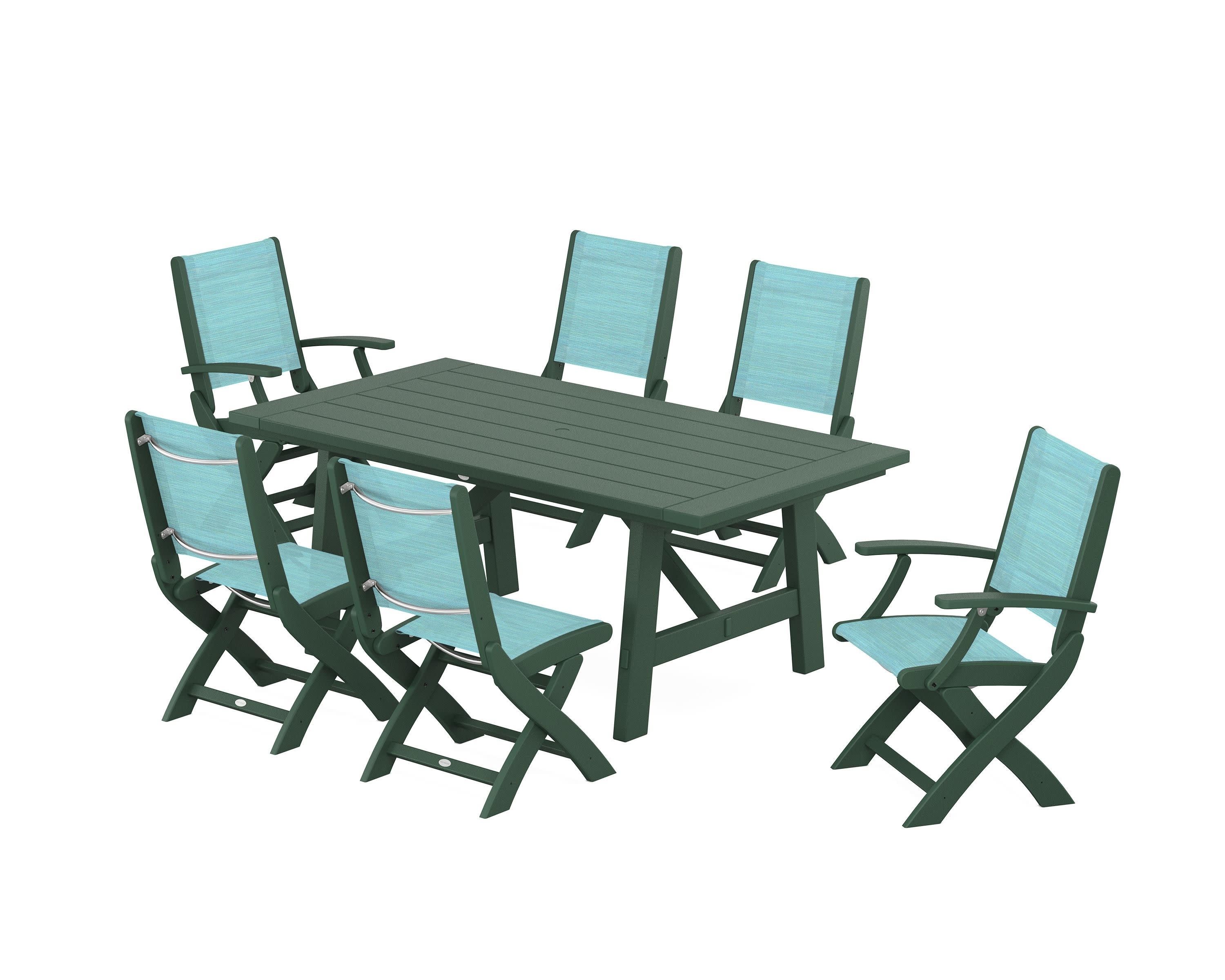 Coastal Folding Chair 7-Piece Rustic Farmhouse Dining Set in Green / Dupioni Aquamarine Sling