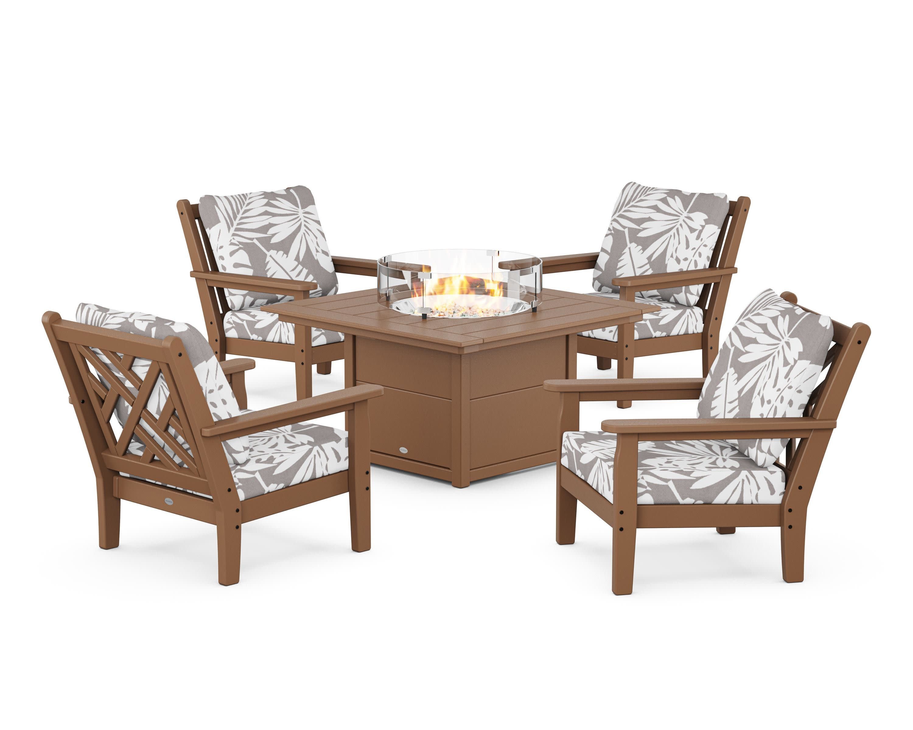 Chippendale 5-Piece Deep Seating Set with Fire Pit Table in Teak / Leaf Grey Mist
