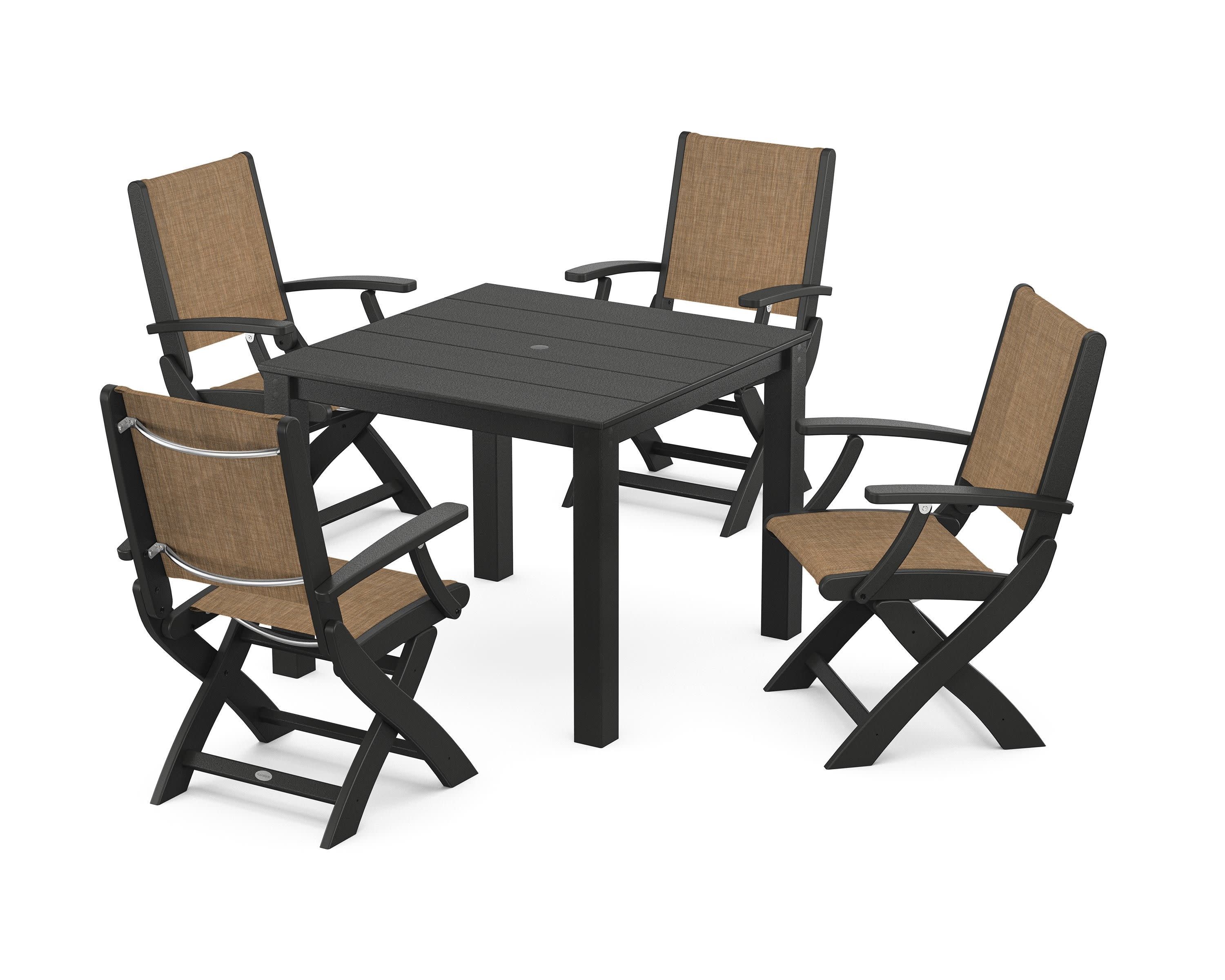 Coastal Folding Chair 5-Piece Parsons Dining Set in Black / Burlap Sling
