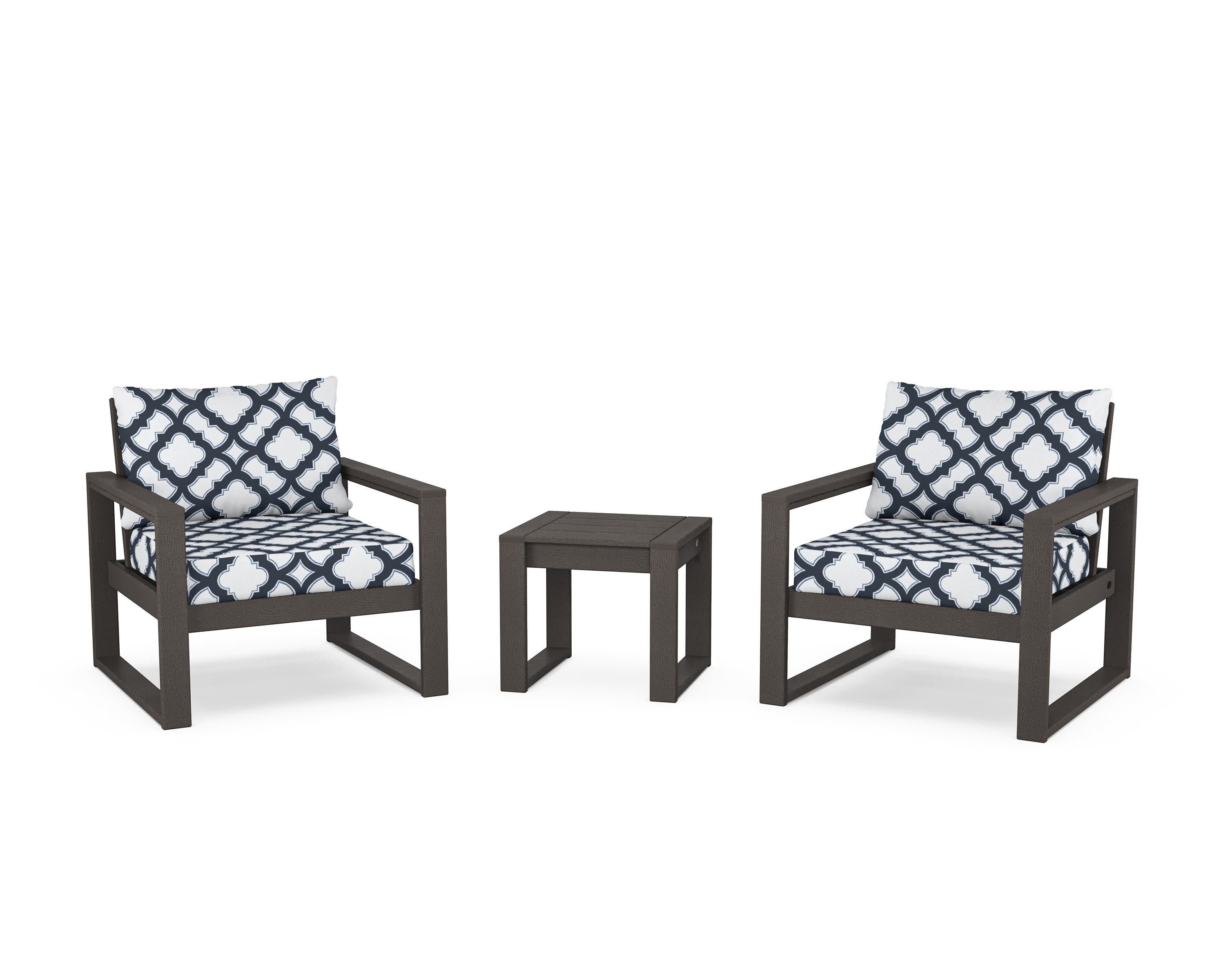 EDGE Sectional 3-Piece Deep Seating Set in Vintage Coffee / Trellis Marine Indigo