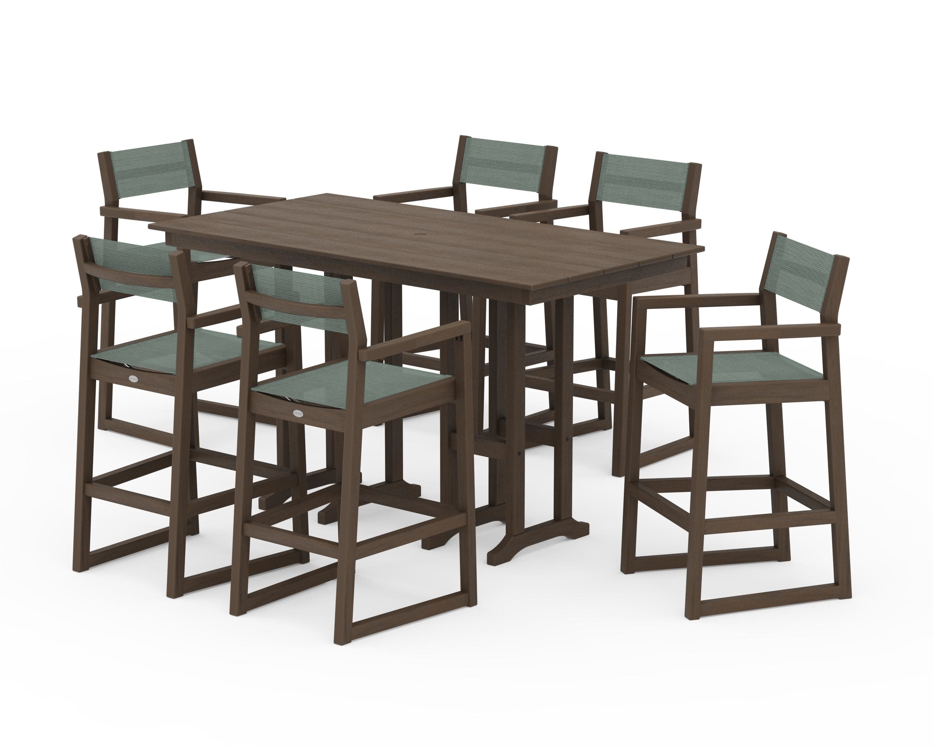 EDGE Sling Arm Chair 7-Piece Farmhouse Bar Set in Kona / Dupioni Sea Mist Sling