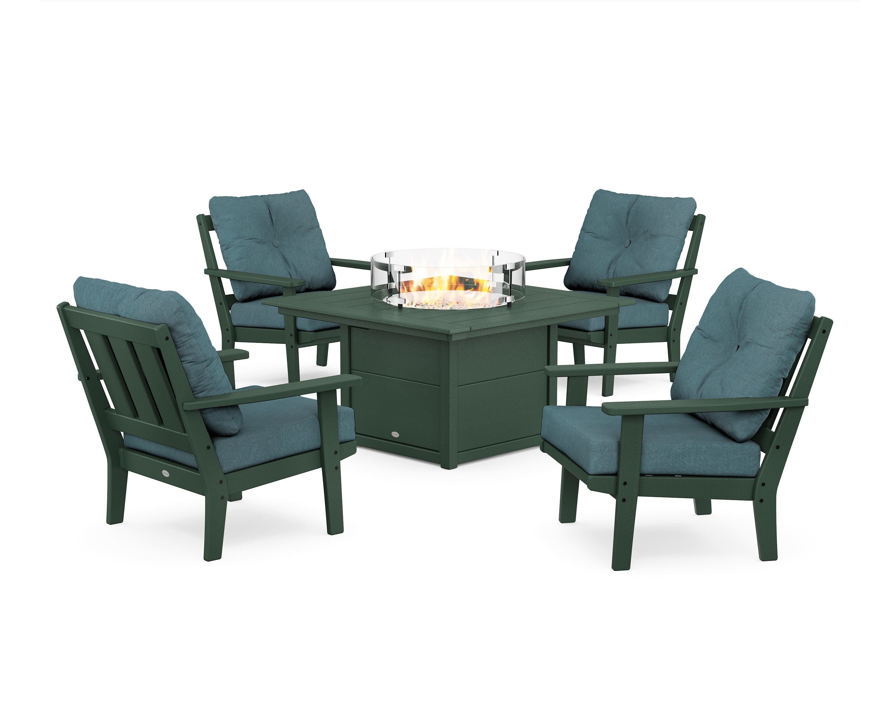 Oxford 5-Piece Deep Seating Set with Fire Pit Table in Green / Ocean Teal