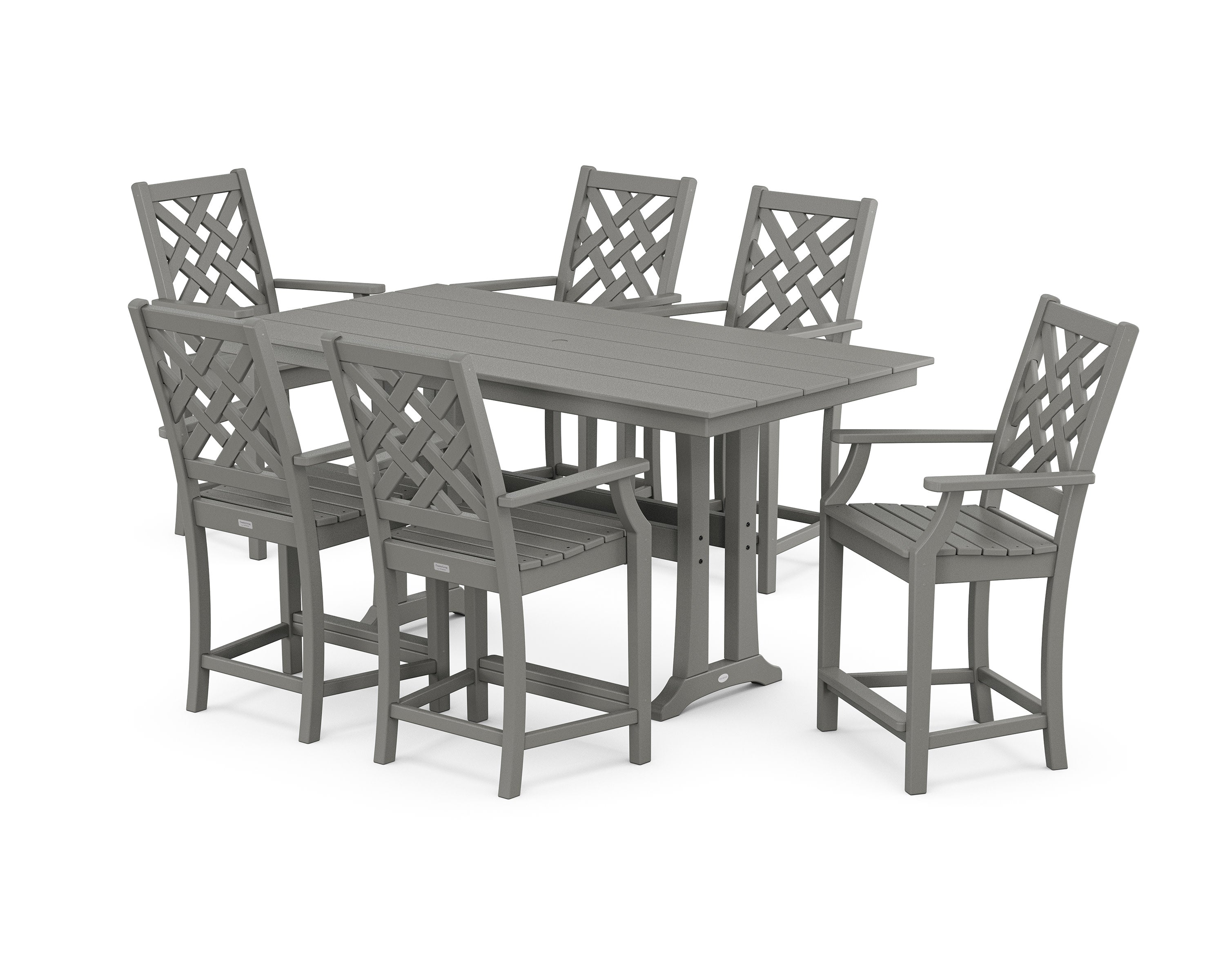 Wovendale Arm Chair 7-Piece Farmhouse Counter Set with Trestle Legs in Slate Grey