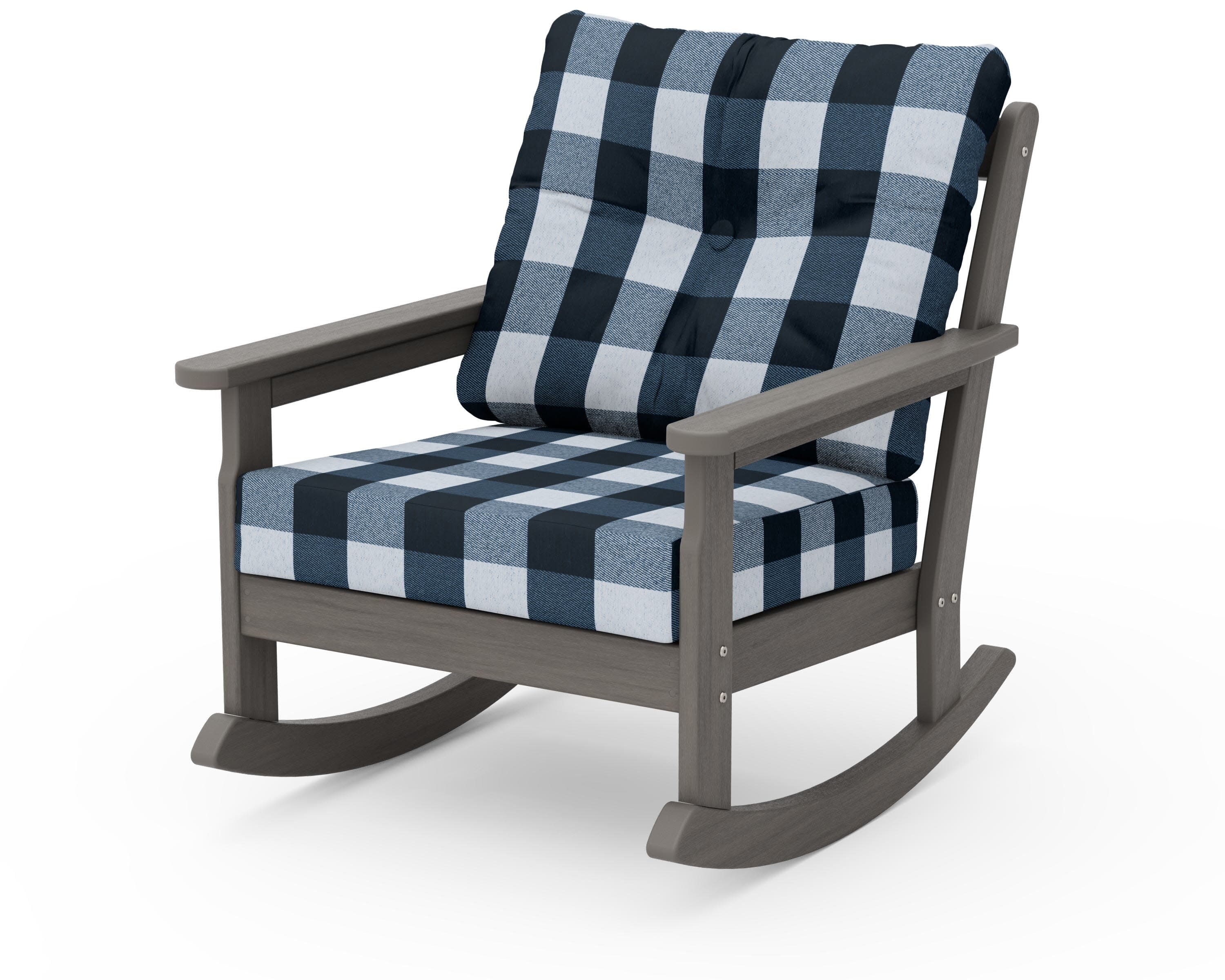 Vineyard Deep Seating Rocking Chair in Driftwood / Buffalo Plaid Marine Indigo