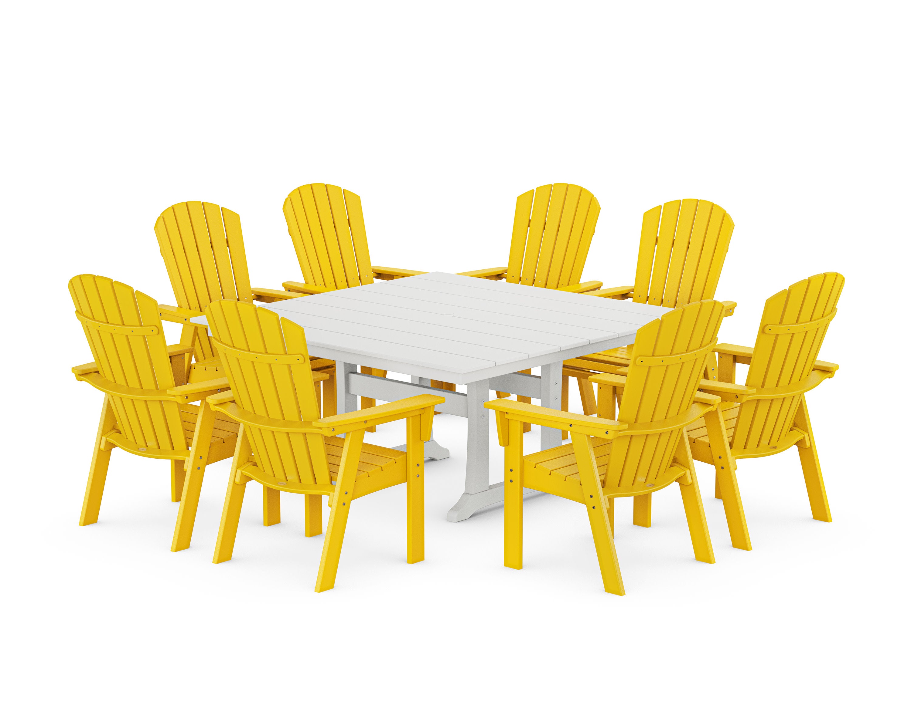 Nautical Curveback Adirondack 9-Piece Square Dining Set with Trestle Legs in Lemon / White