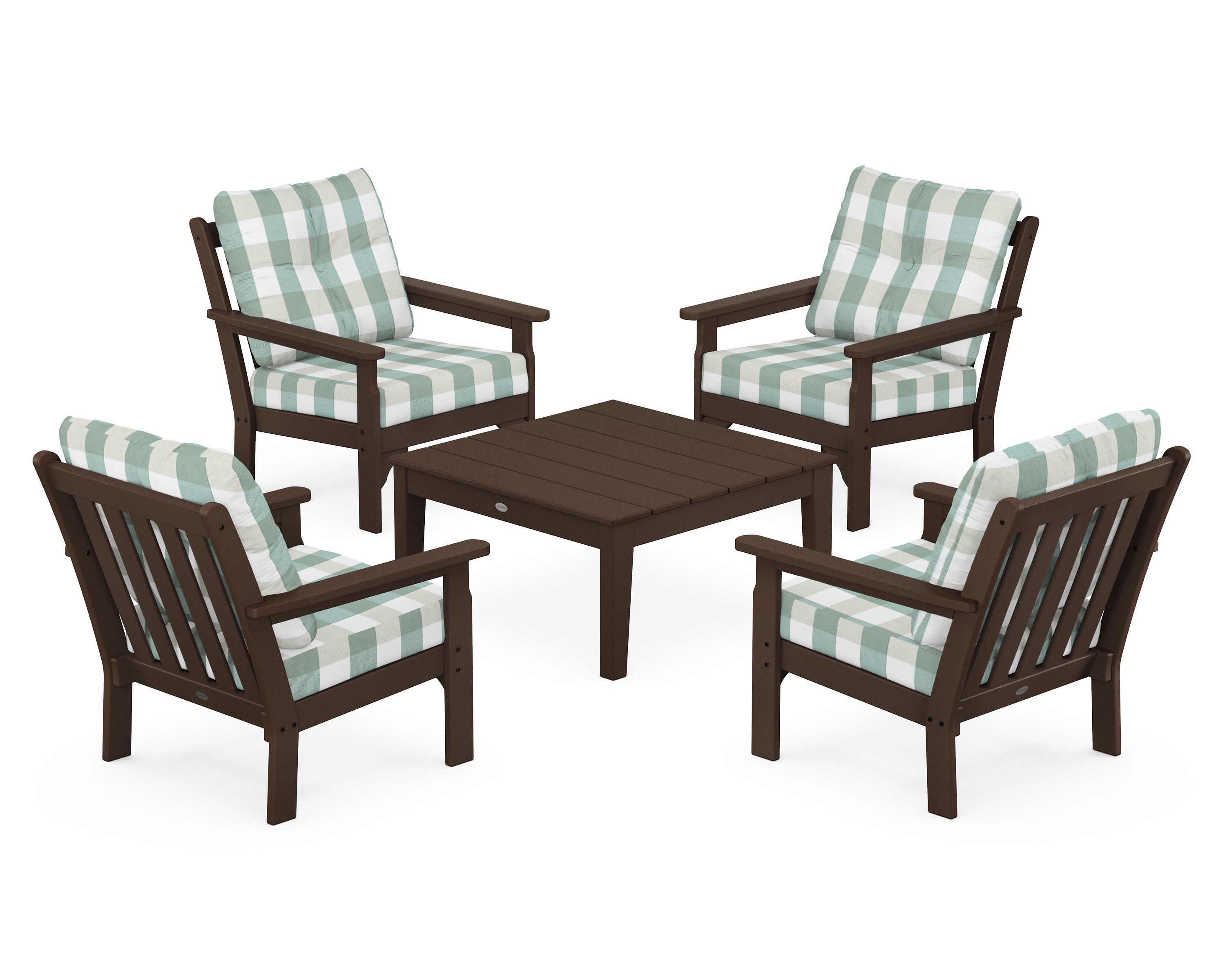 Vineyard 5-Piece Deep Seating Conversation Set in Mahogany / Buffalo Plaid Glacier Spa
