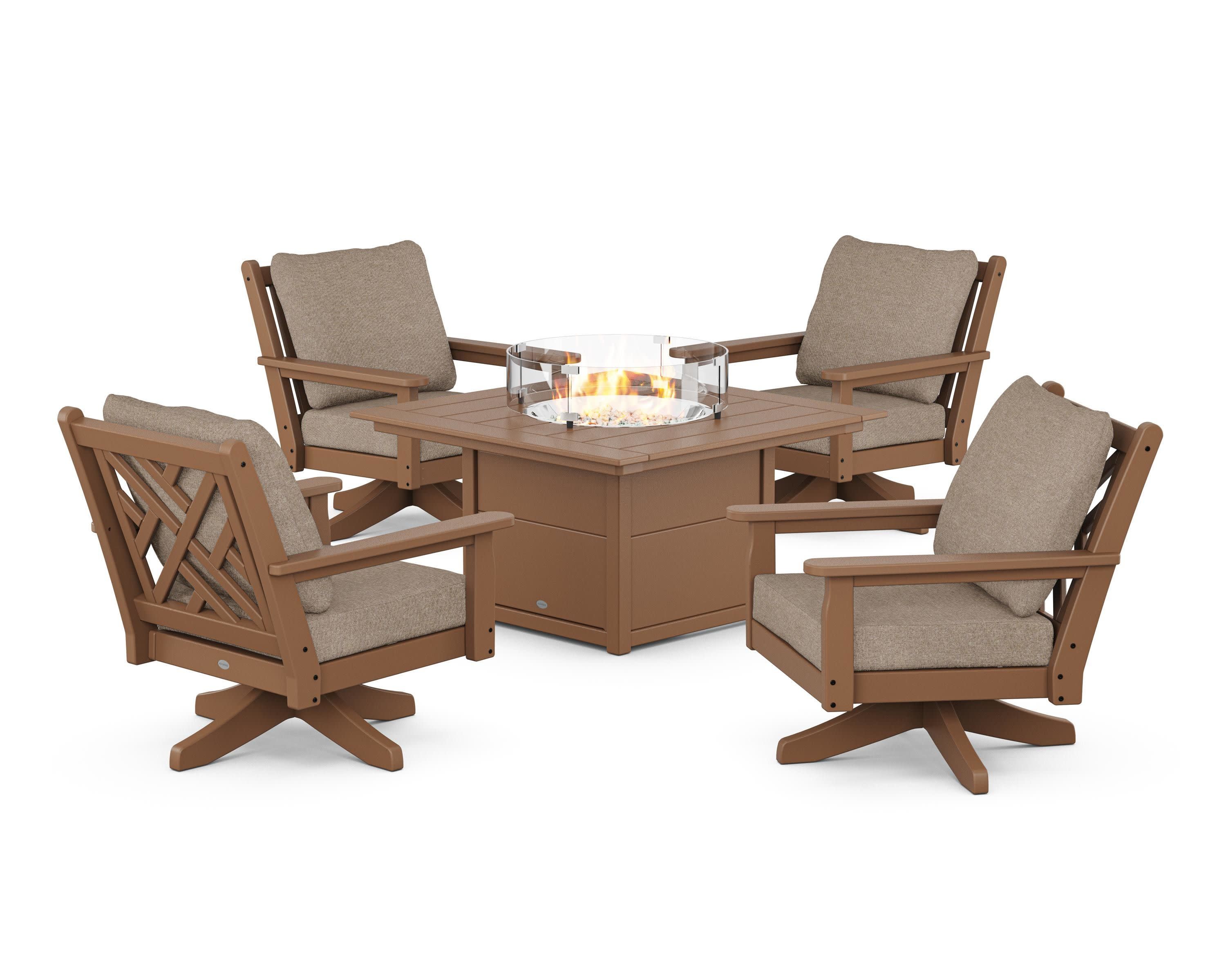 Chippendale 5-Piece Deep Seating Swivel Conversation Set with Fire Pit Table in Teak / Spiced Burlap