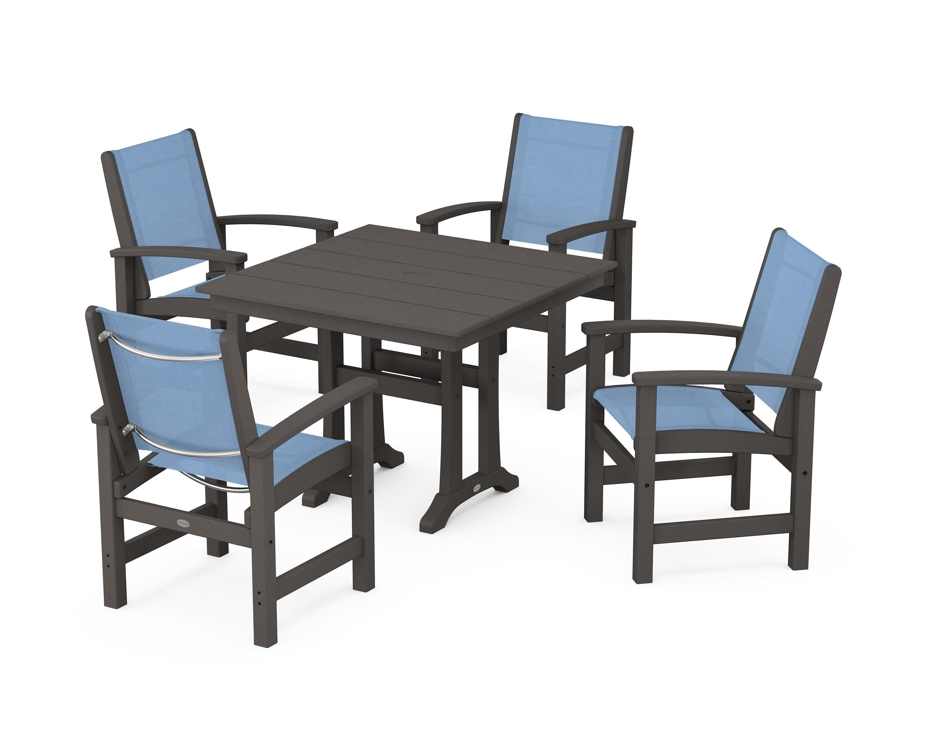 Coastal 5-Piece Farmhouse Dining Set With Trestle Legs in Vintage Coffee / Poolside Sling