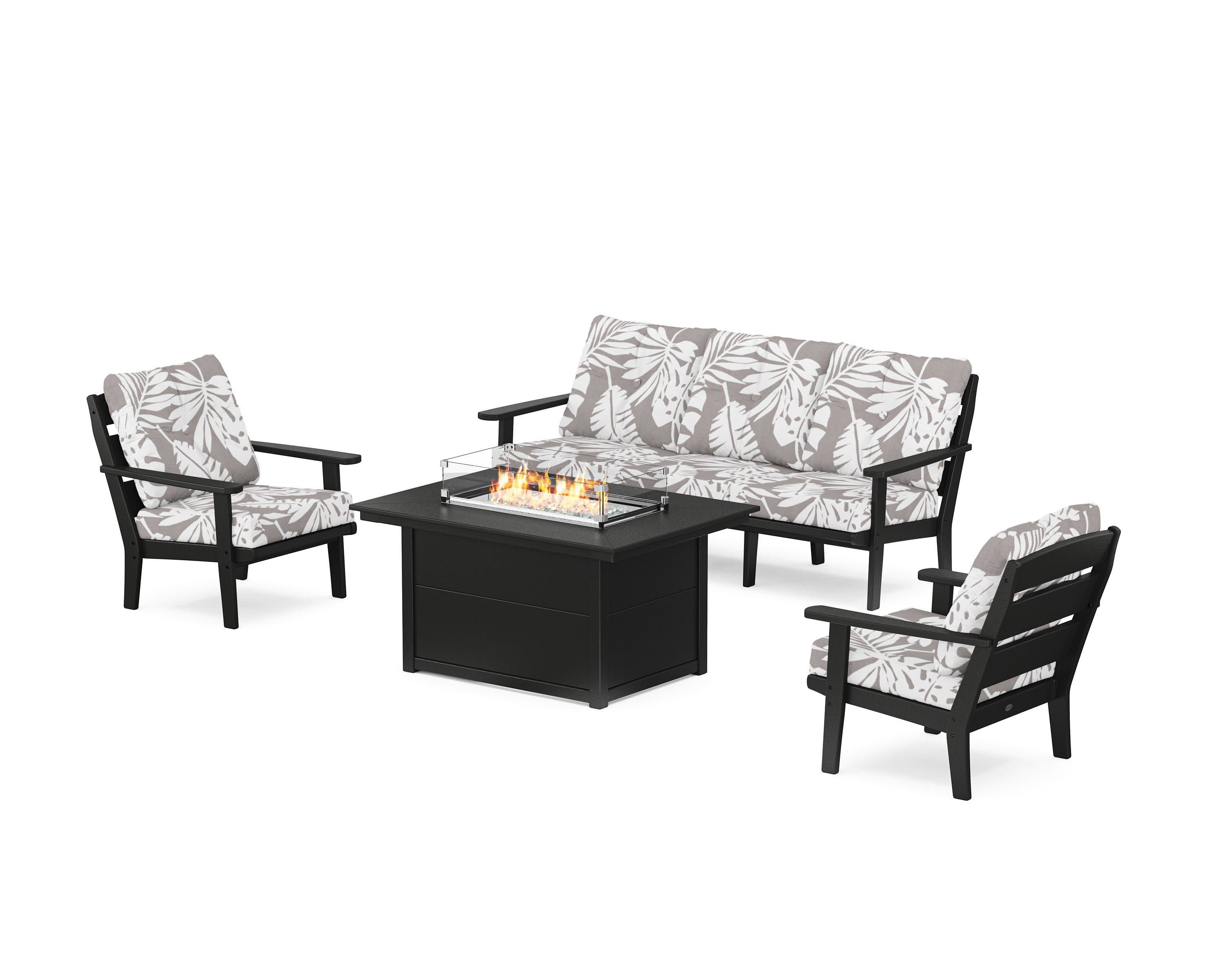 Lakeside Deep Seating Fire Pit Table Set in Black / Leaf Grey Mist