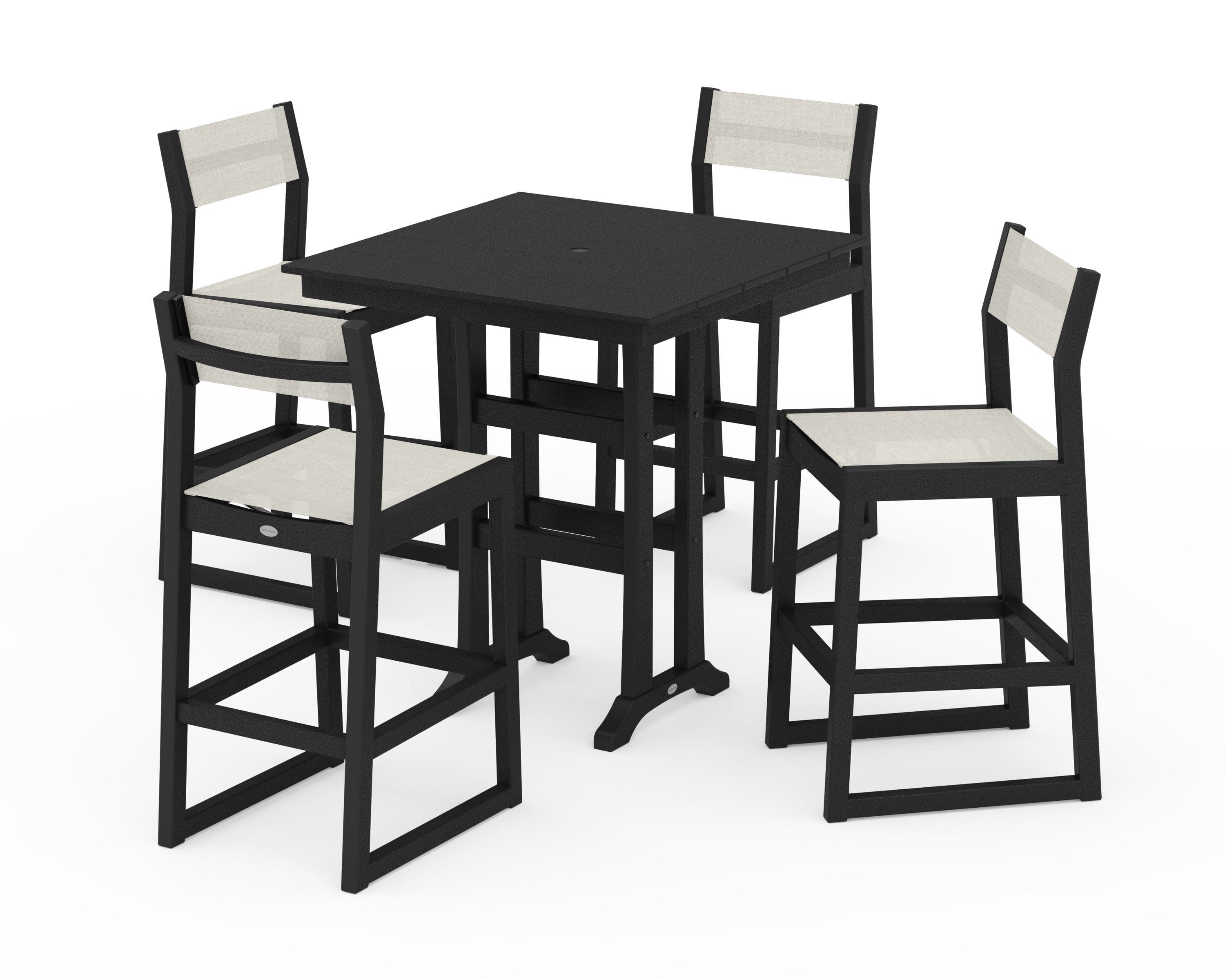 EDGE Sling Arm Chair 5-Piece Farmhouse Bar Set with Trestle Legs in Black / Parchment Sling
