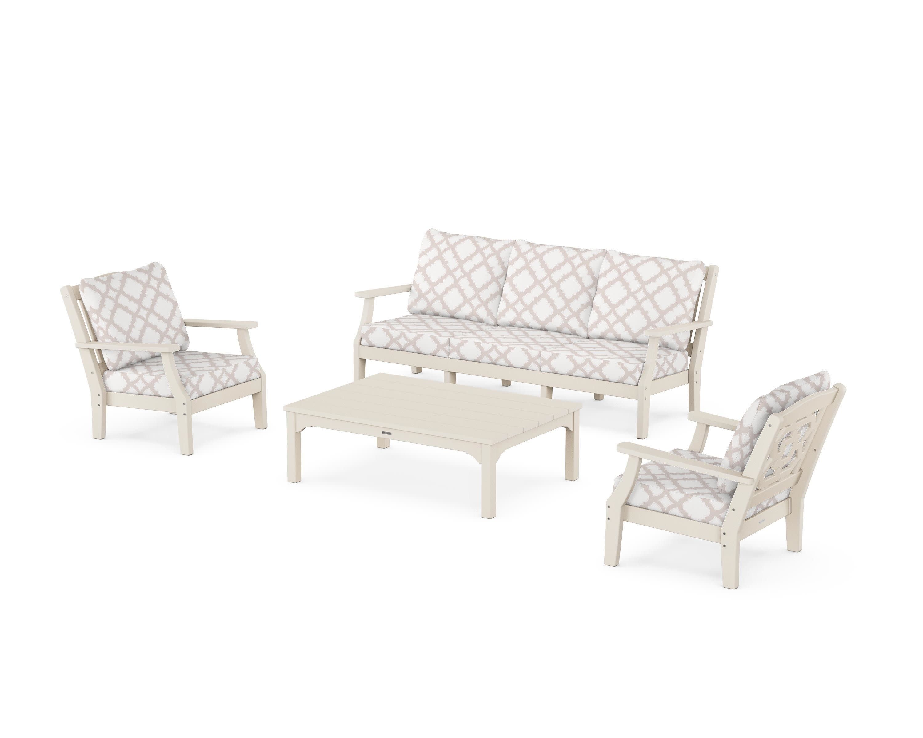 Chinoiserie 4-Piece Deep Seating Set with Sofa in Sand / Trellis Dune Burlap