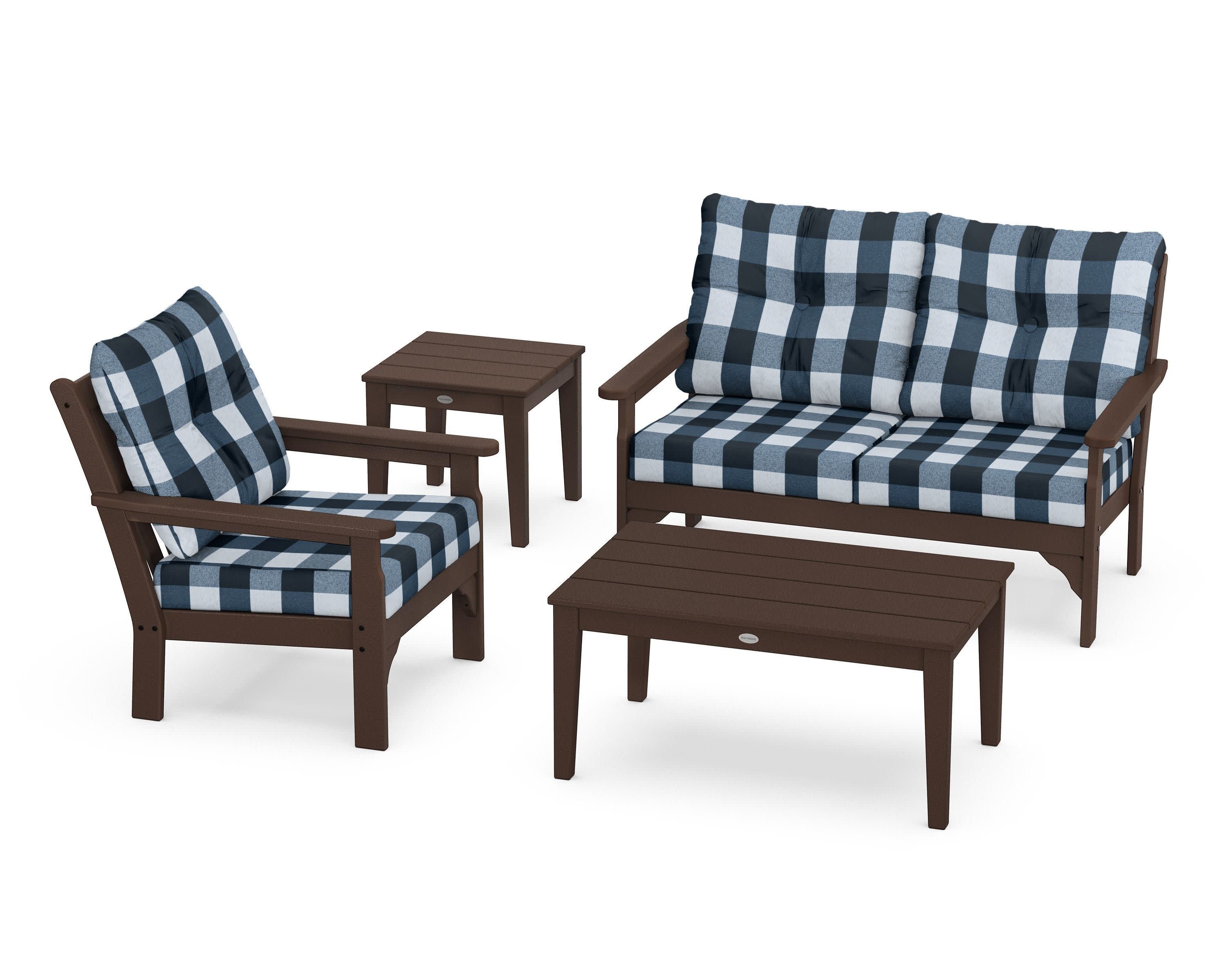 Vineyard 4-Piece Deep Seating Set in Mahogany / Buffalo Plaid Marine Indigo