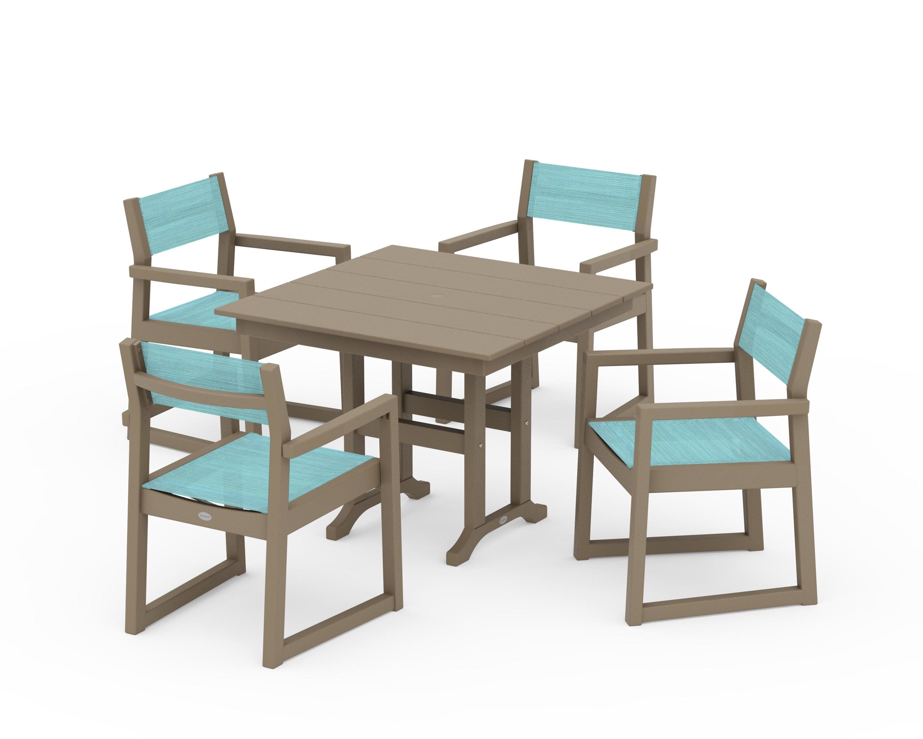 EDGE Sling Arm Chair 5-Piece Farmhouse Dining Set in Vintage Sahara / Dupioni Aquamarine Sling