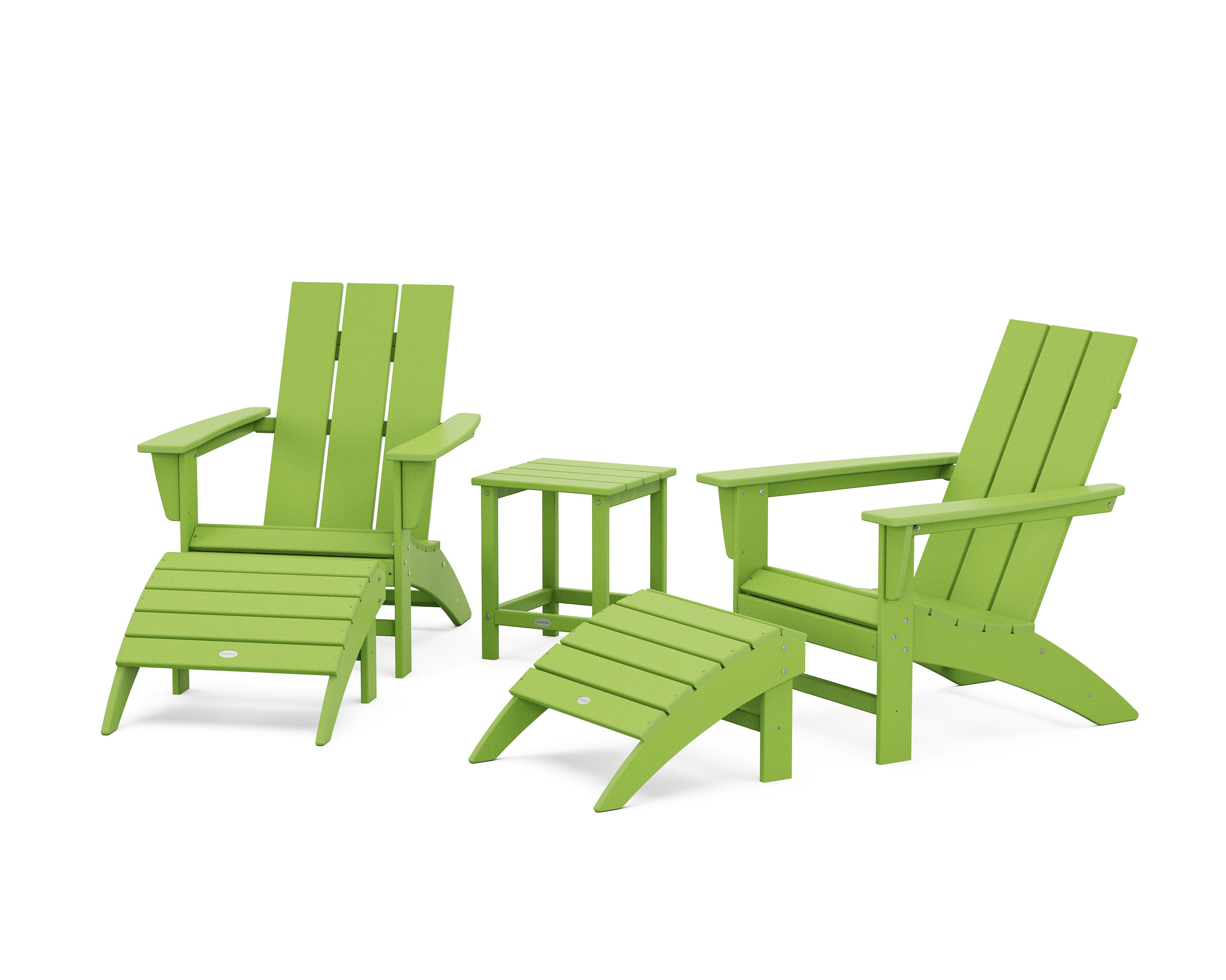 Modern Adirondack Chair 5-Piece Set with Ottomans and 18" Side Table in Lime