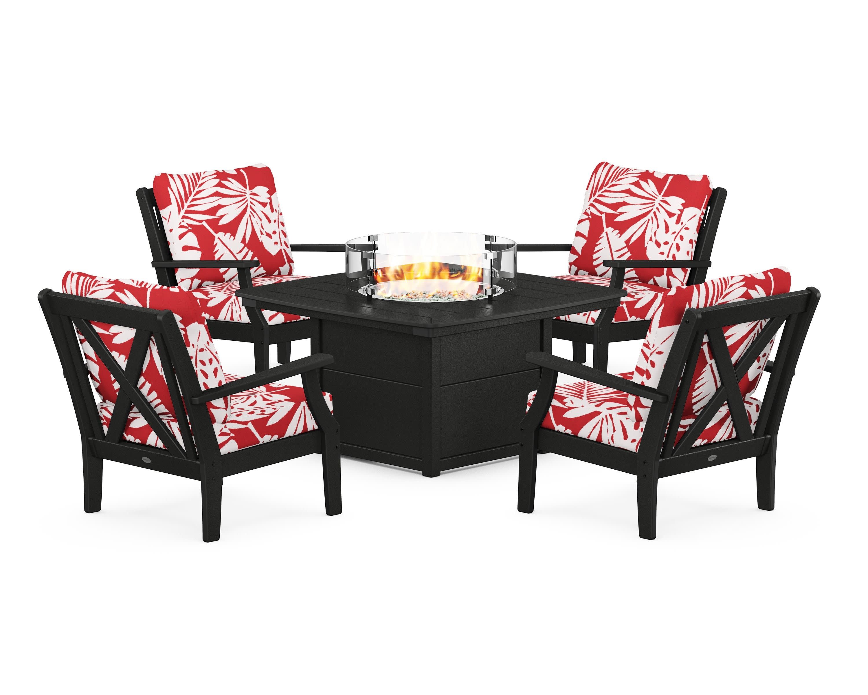 Braxton 5-Piece Deep Seating Conversation Set with Fire Pit Table in Black / Leaf Crimson