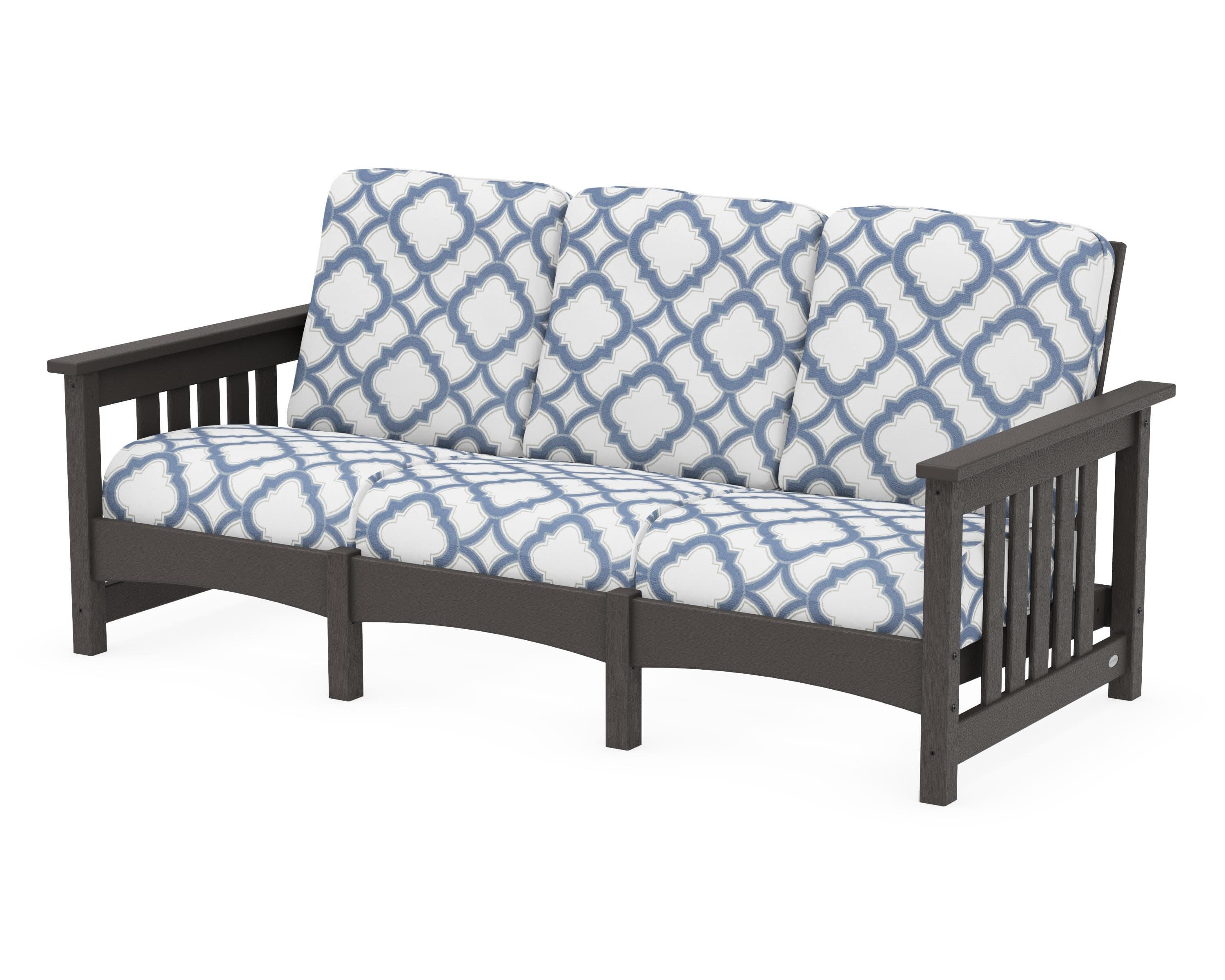 Club Mission Sofa in Vintage Coffee / Trellis Sky Blue