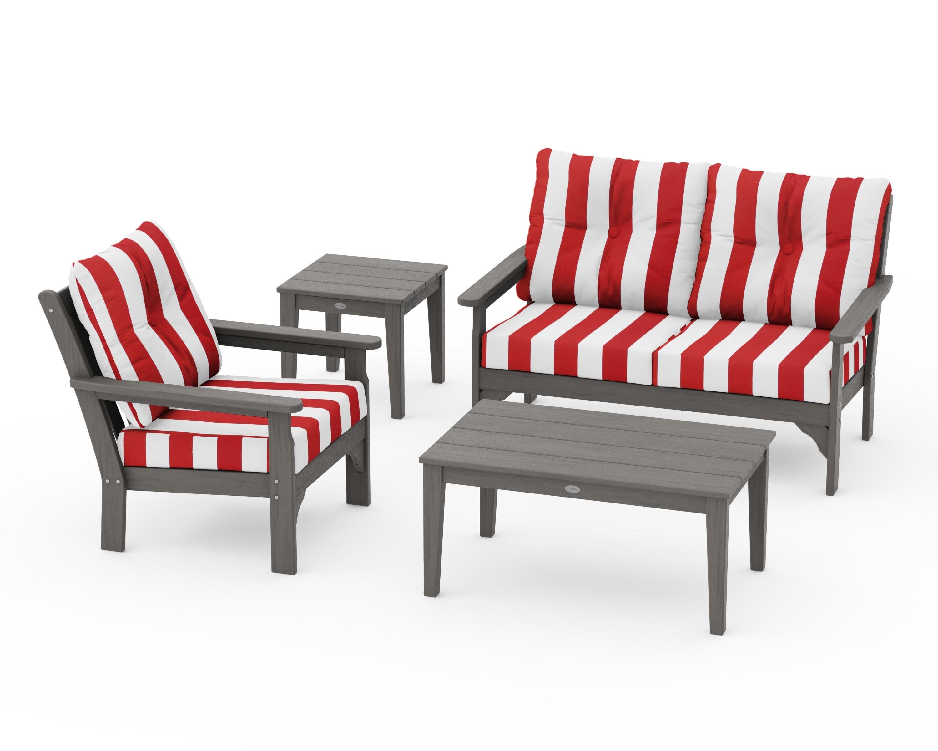 Vineyard 4-Piece Deep Seating Set in Driftwood / Cabana Stripe Crimson