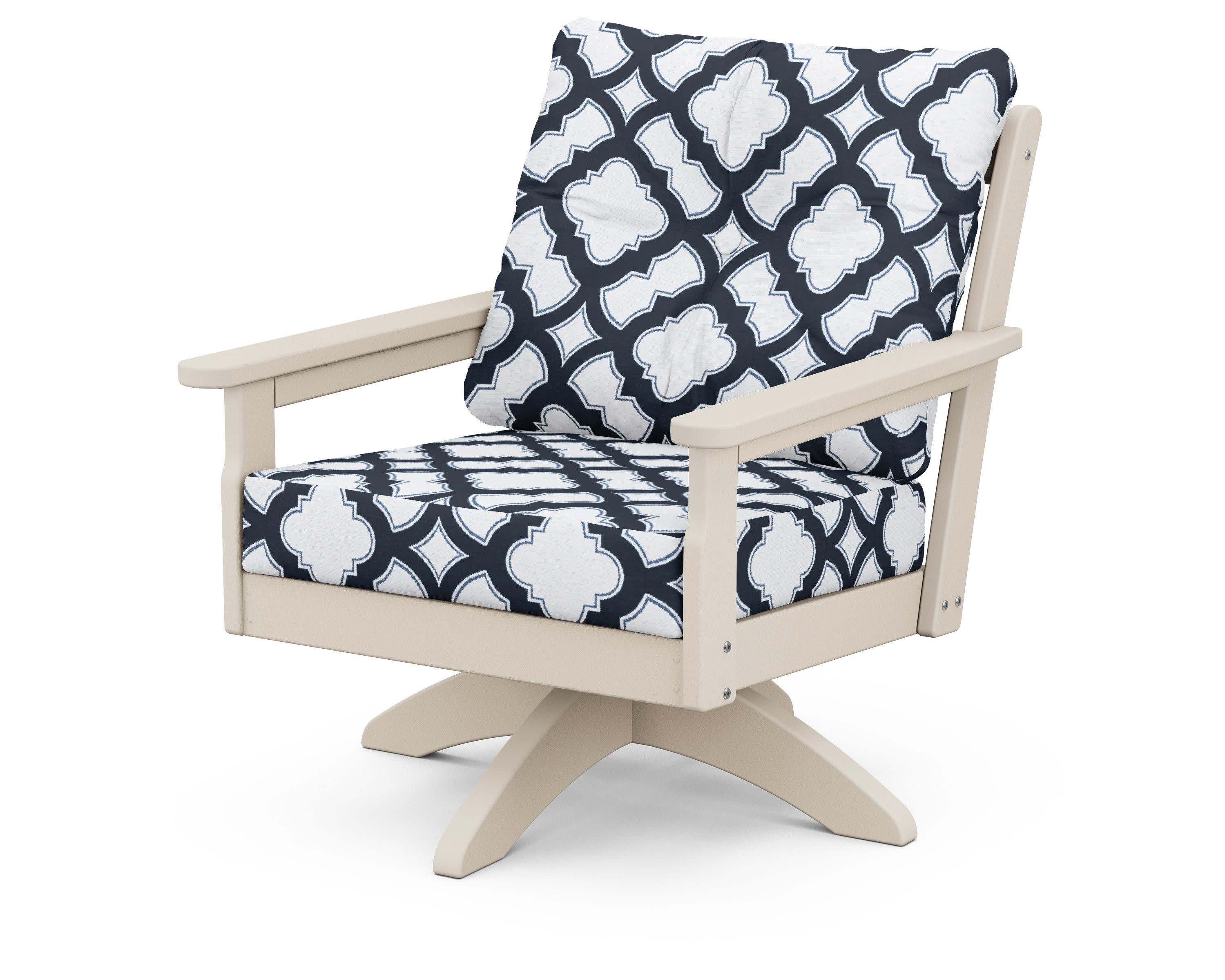 Vineyard Deep Seating Swivel Chair in Sand / Trellis Marine Indigo