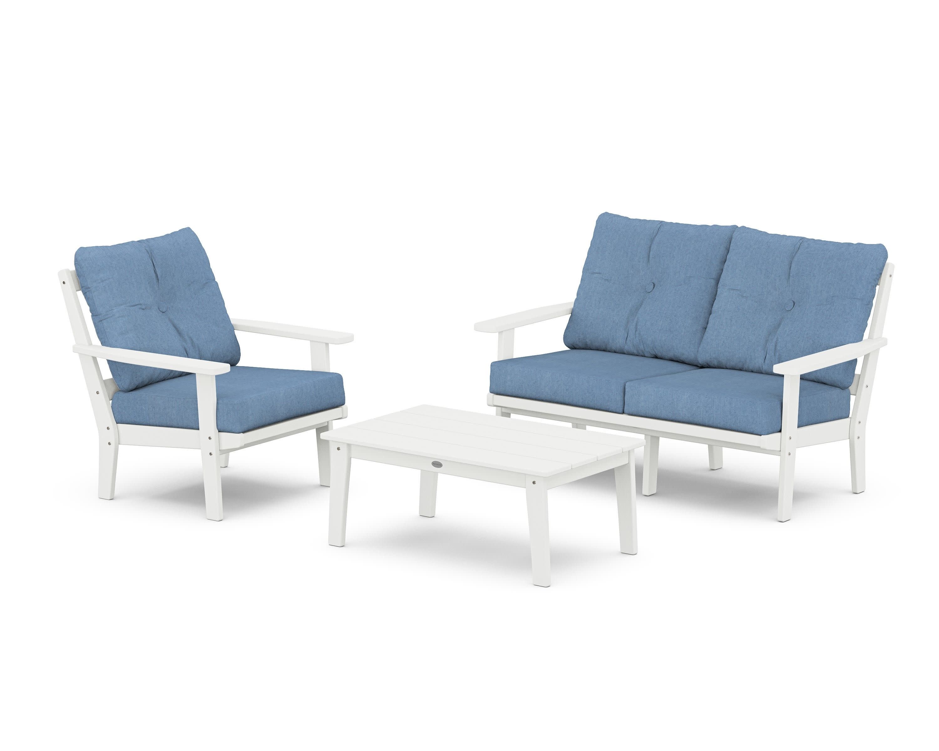 Prairie 3-Piece Deep Seating Set with Loveseat in White / Sky Blue