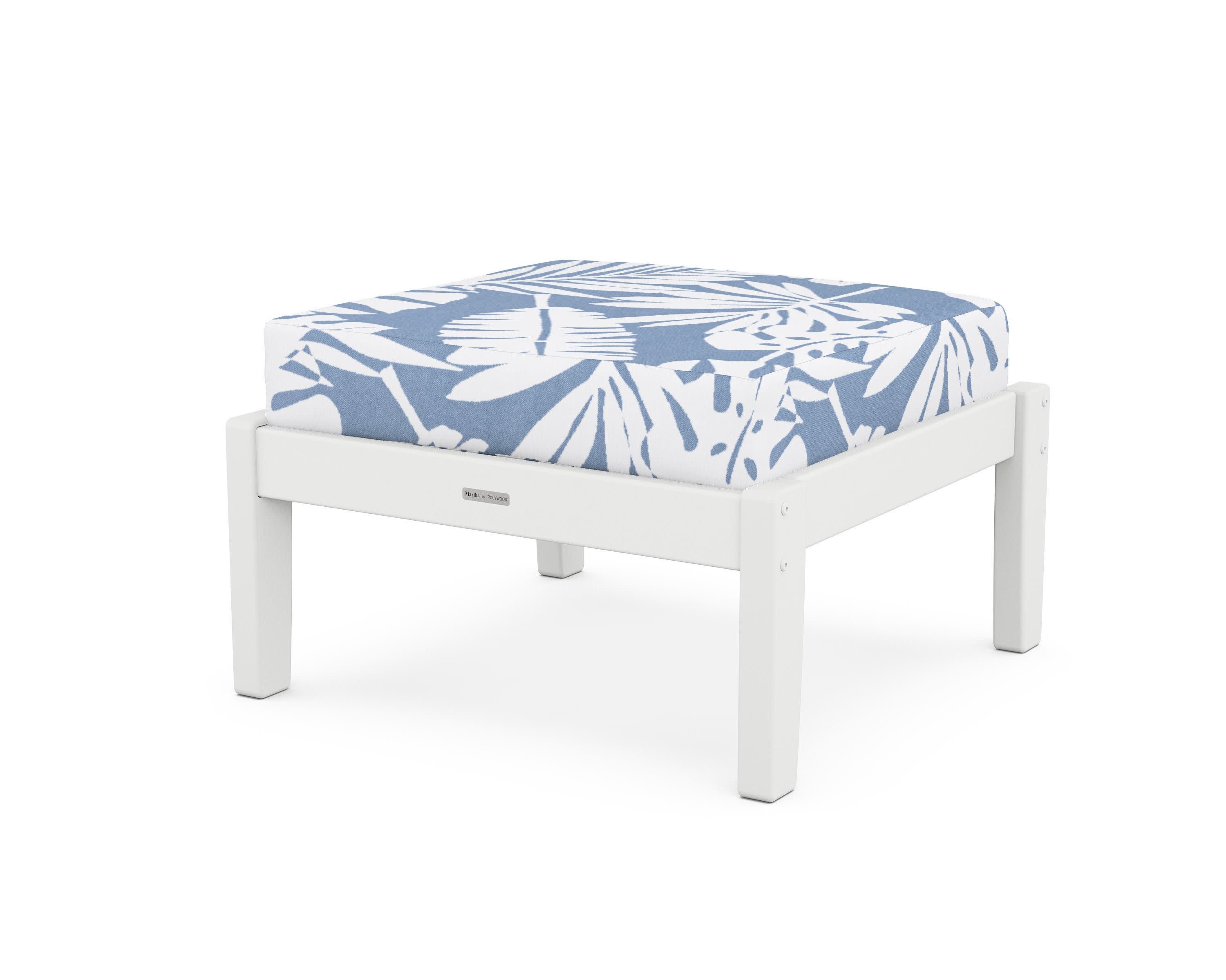 Chinoiserie Deep Seating Ottoman in White / Leaf Sky Blue