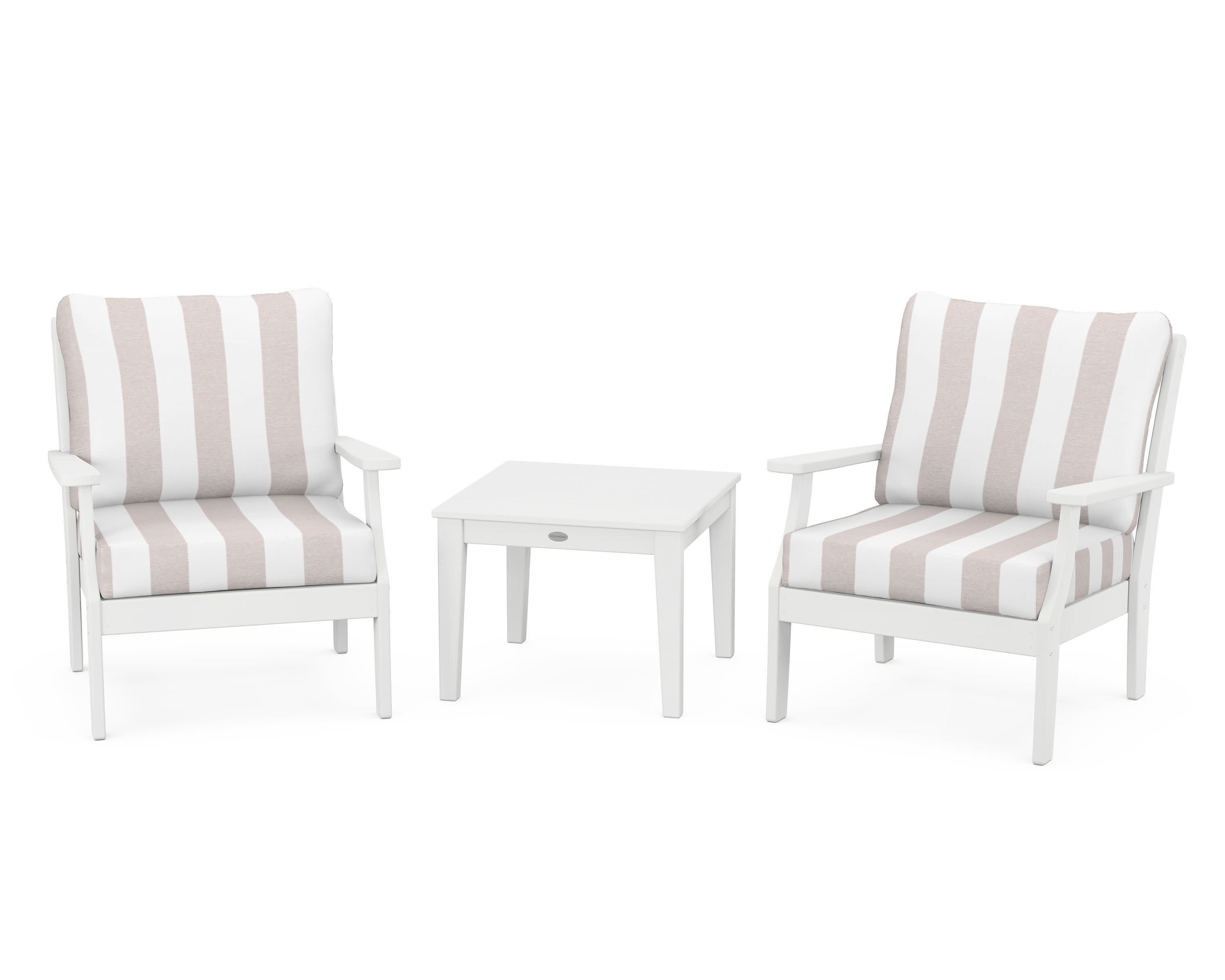 Braxton 3-Piece Deep Seating Set in White / Cabana Stripe Dune Burlap
