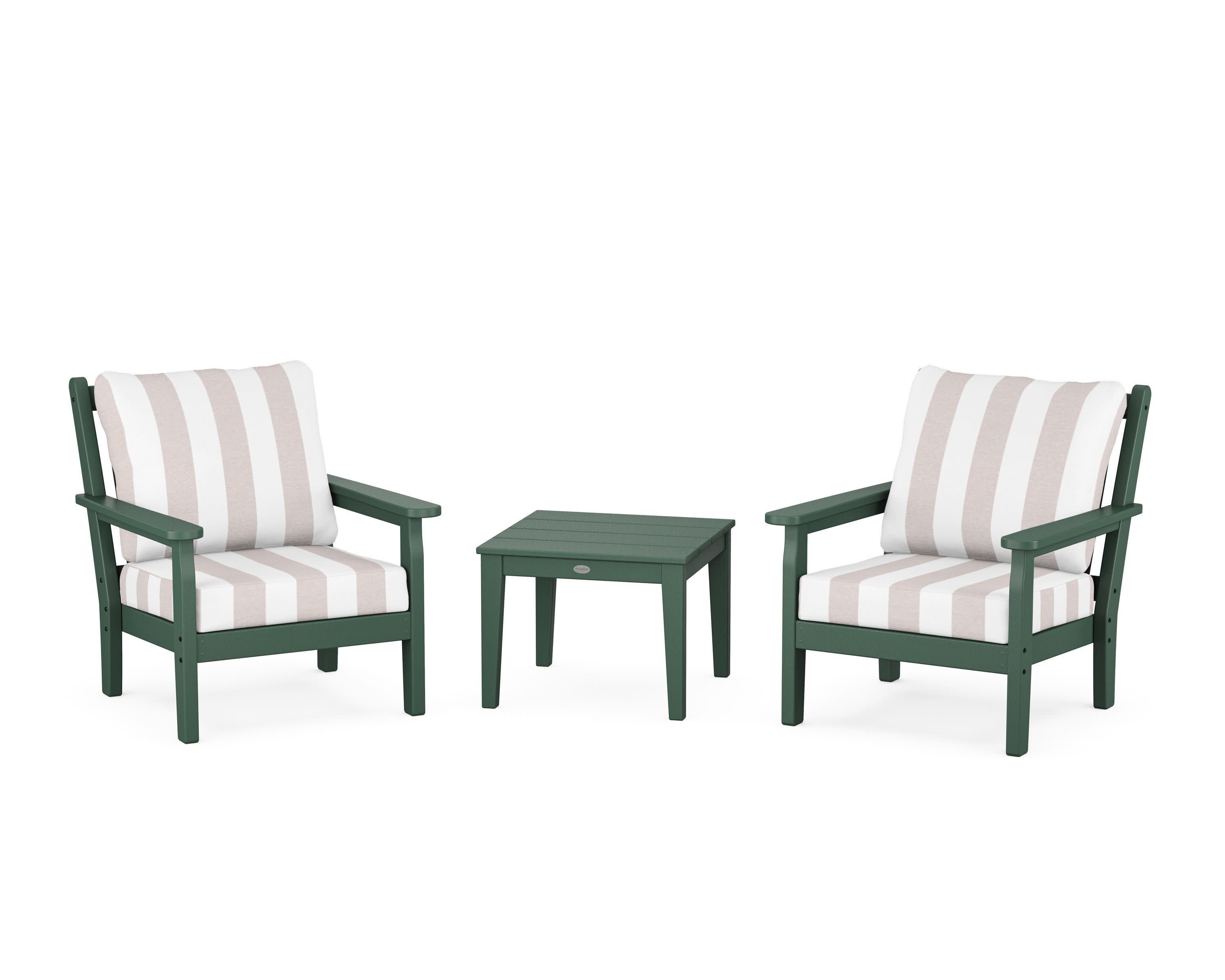 Chippendale 3-Piece Deep Seating Set in Green / Cabana Stripe Dune Burlap