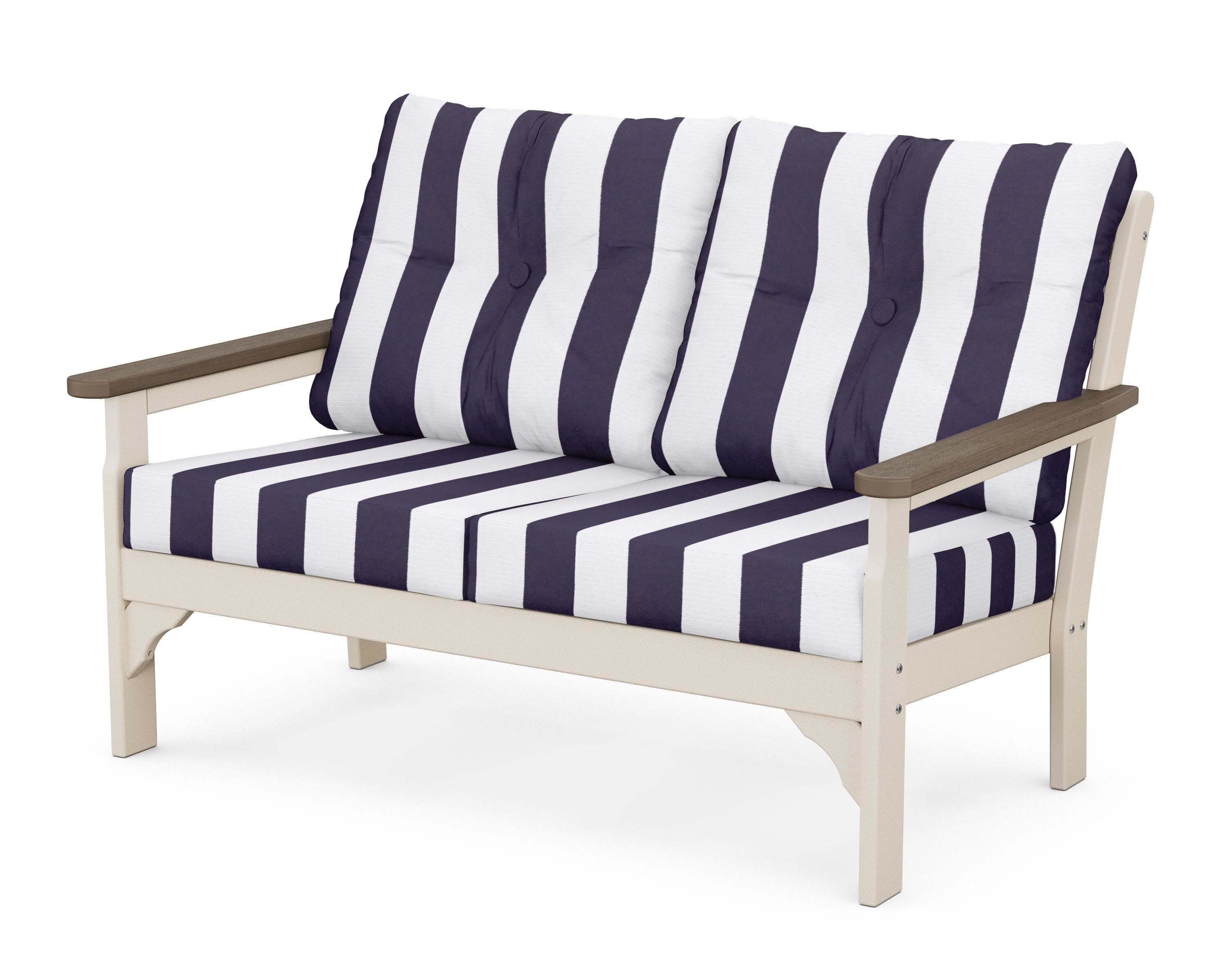 Vineyard Deep Seating Loveseat in Sand / Kona / Cabana Stripe Navy