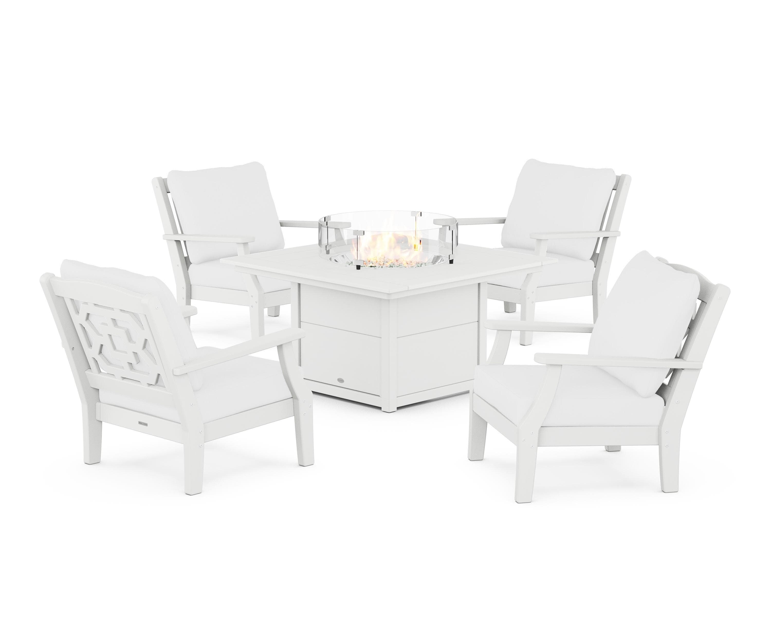 Chinoiserie 5-Piece Deep Seating Set with Fire Pit Table in White / Natural
