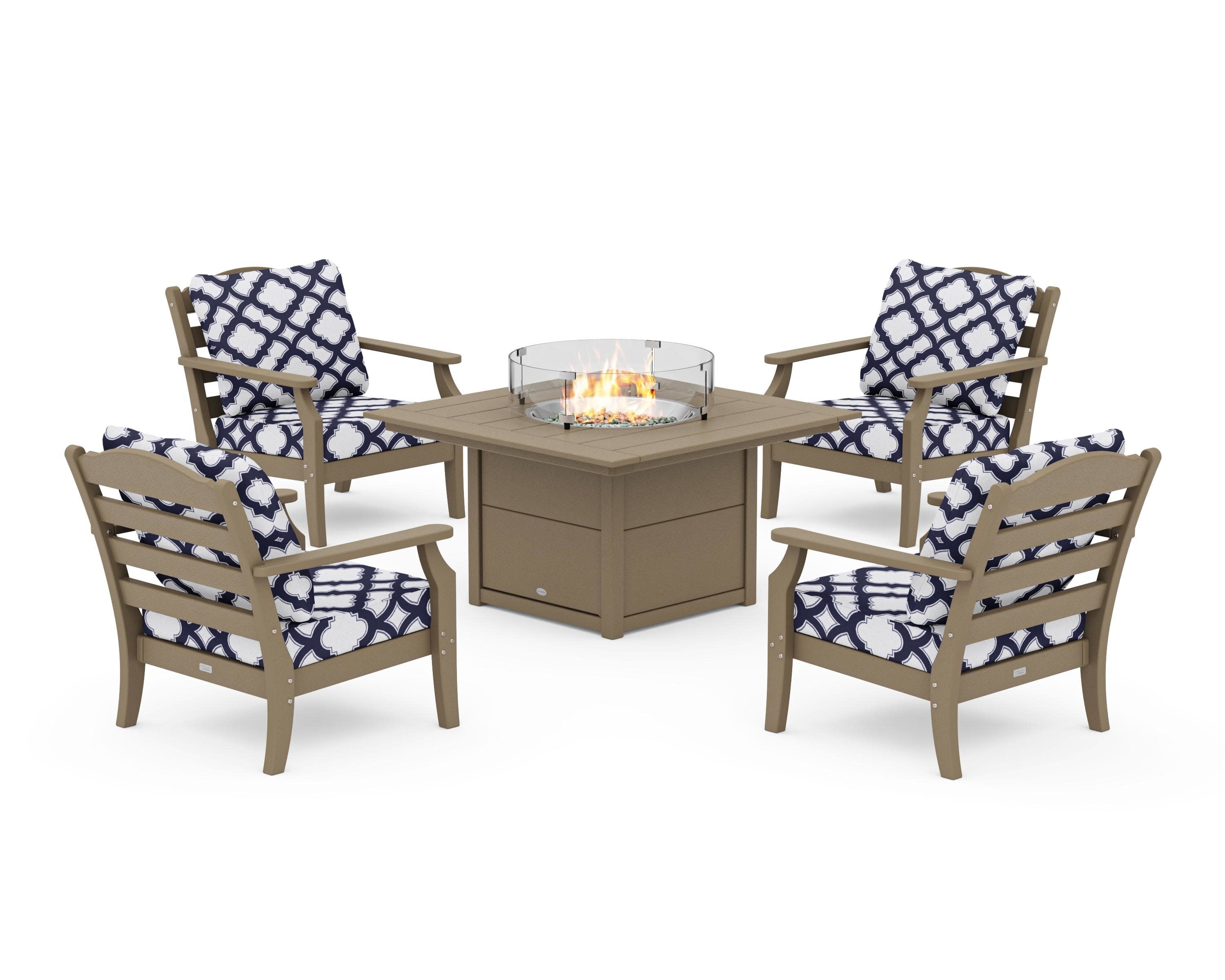 Savannah 5-Piece Deep Seating Set with Fire Pit Table in Vintage Sahara / Trellis Navy