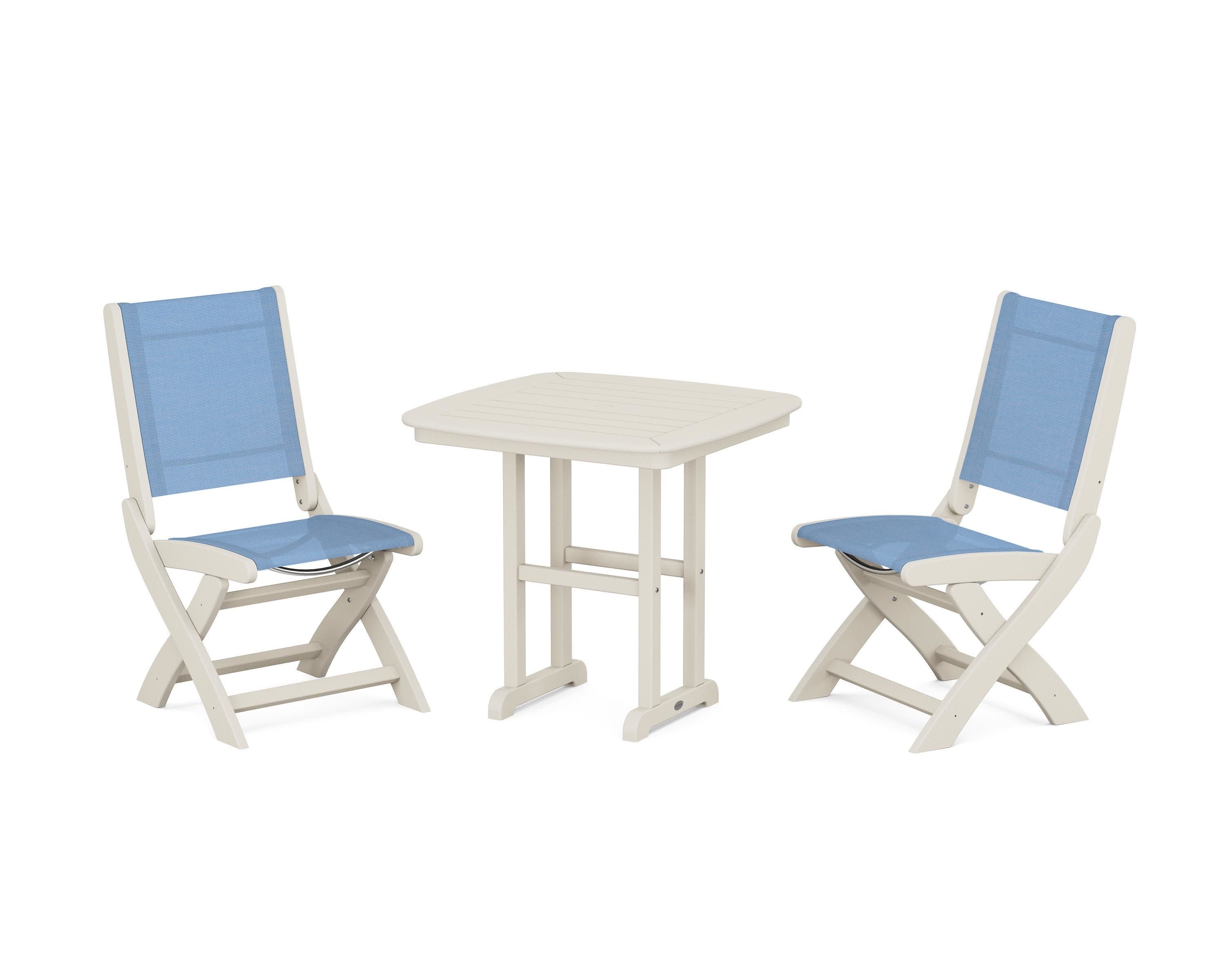 Coastal Folding Side Chair 3-Piece Dining Set in Sand / Poolside Sling