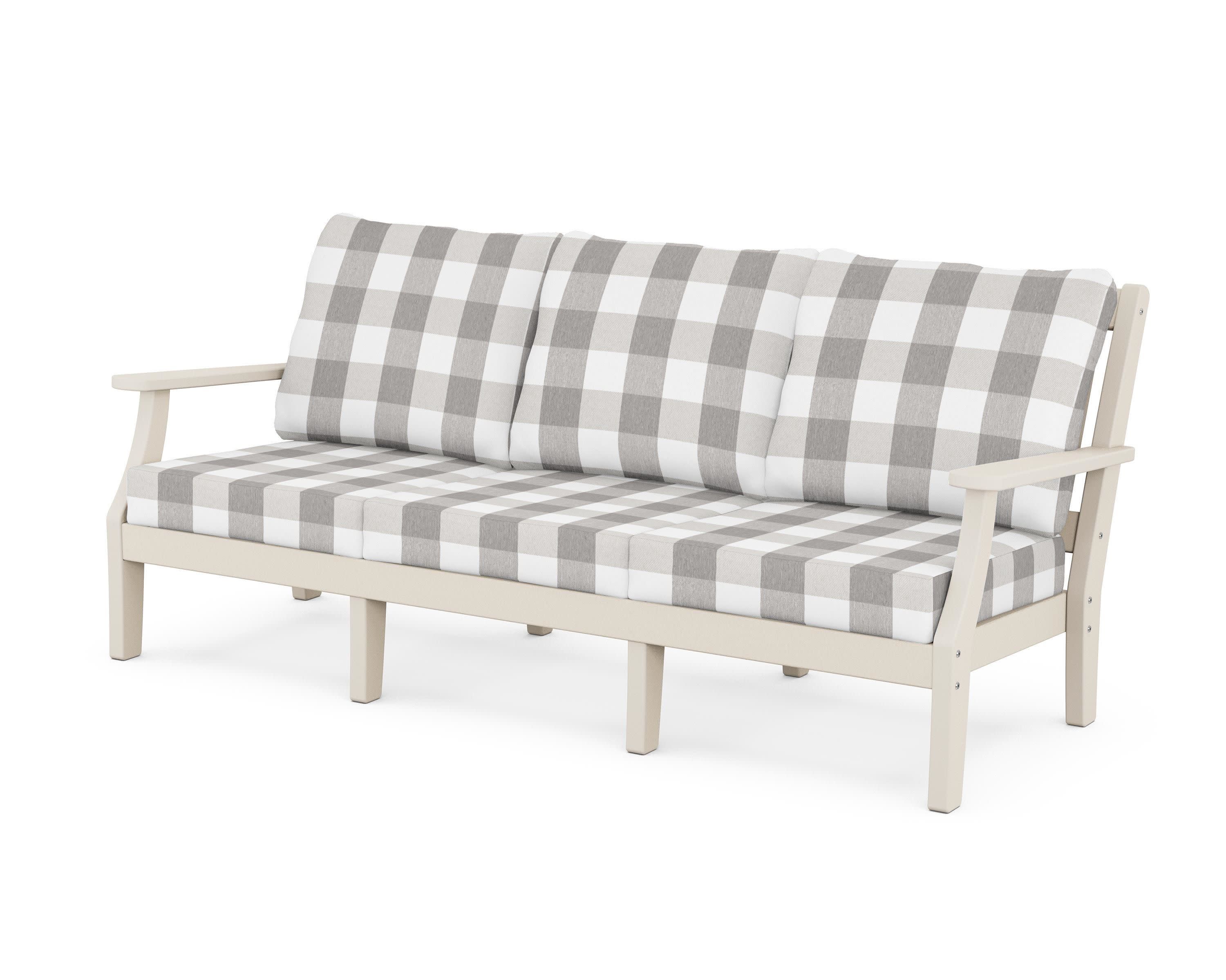 Chinoiserie Deep Seating Sofa in Sand / Buffalo Plaid Grey Mist