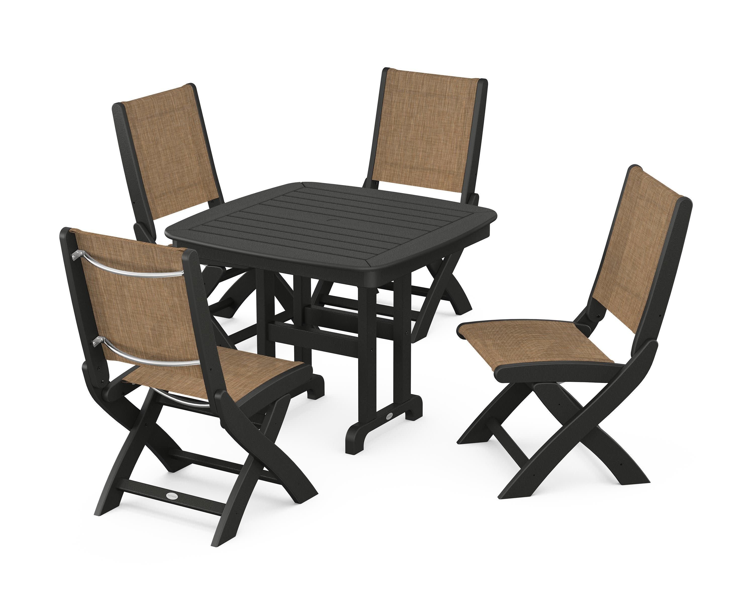 Coastal Folding Side Chair 5-Piece Dining Set in Black / Burlap Sling