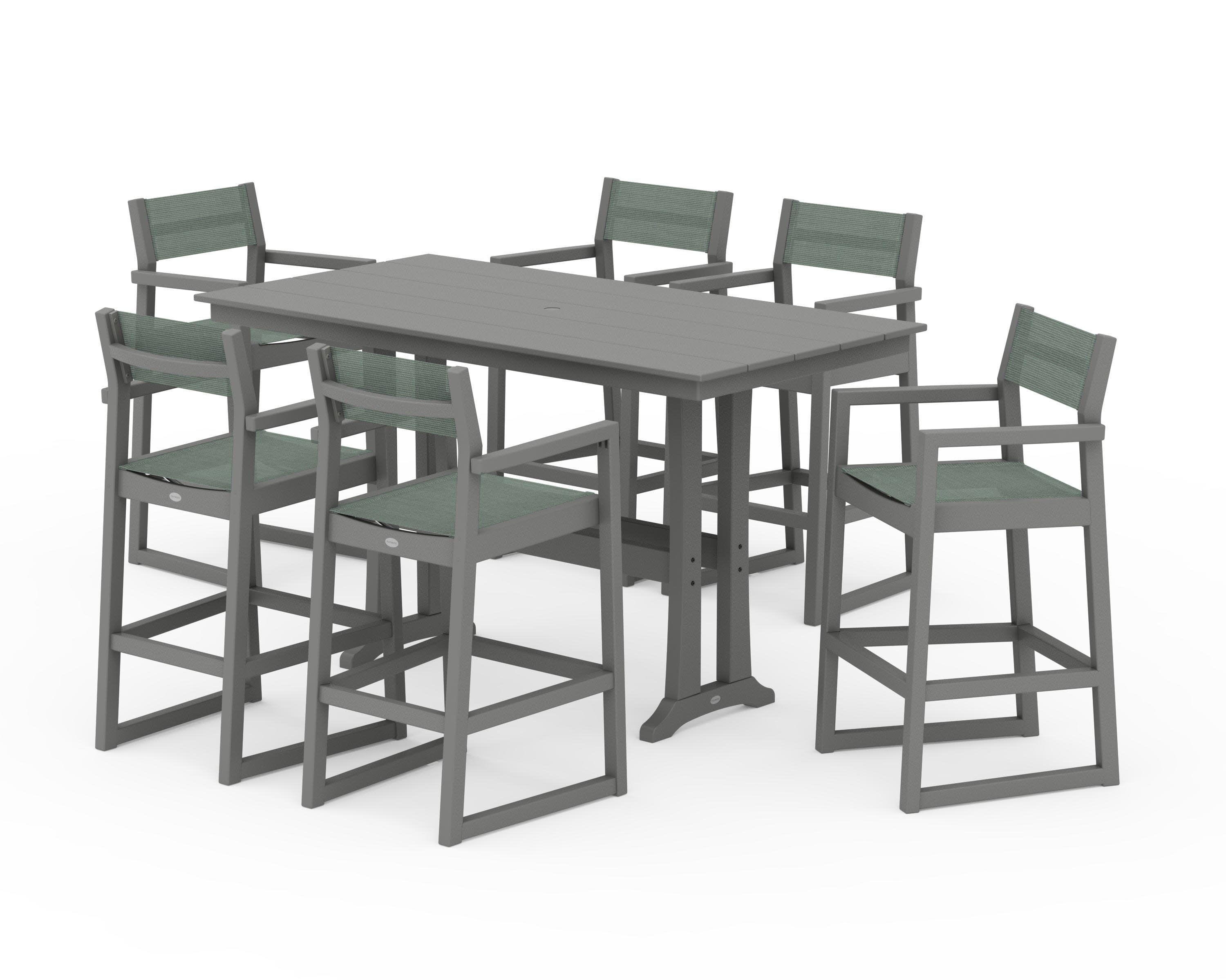 EDGE Sling Arm Chair 7-Piece Farmhouse Bar Set with Trestle Legs in Slate Grey / Dupioni Sea Mist Sling