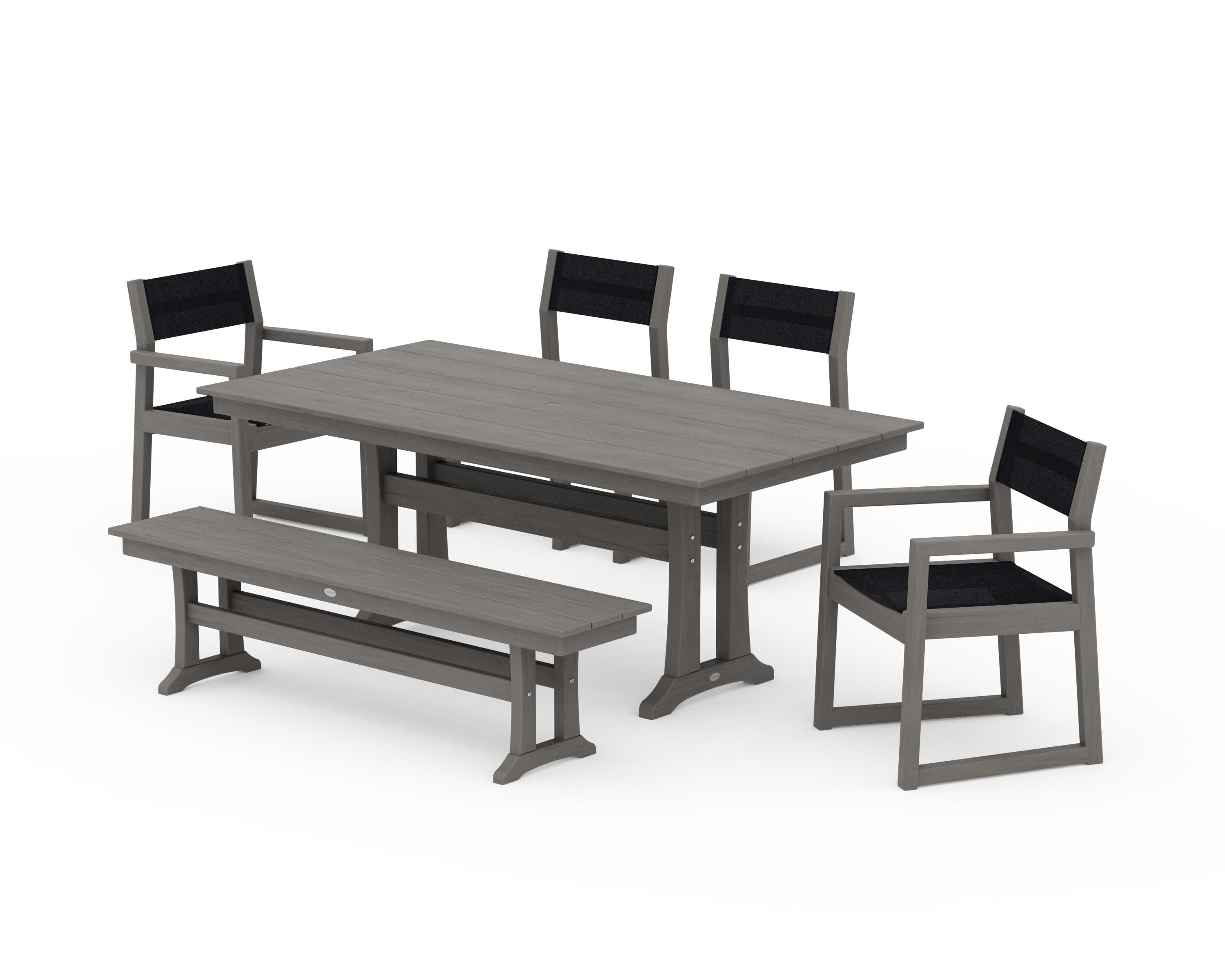 EDGE Sling 6-Piece Farmhouse Dining Set With Trestle Legs in Driftwood / Black Sling