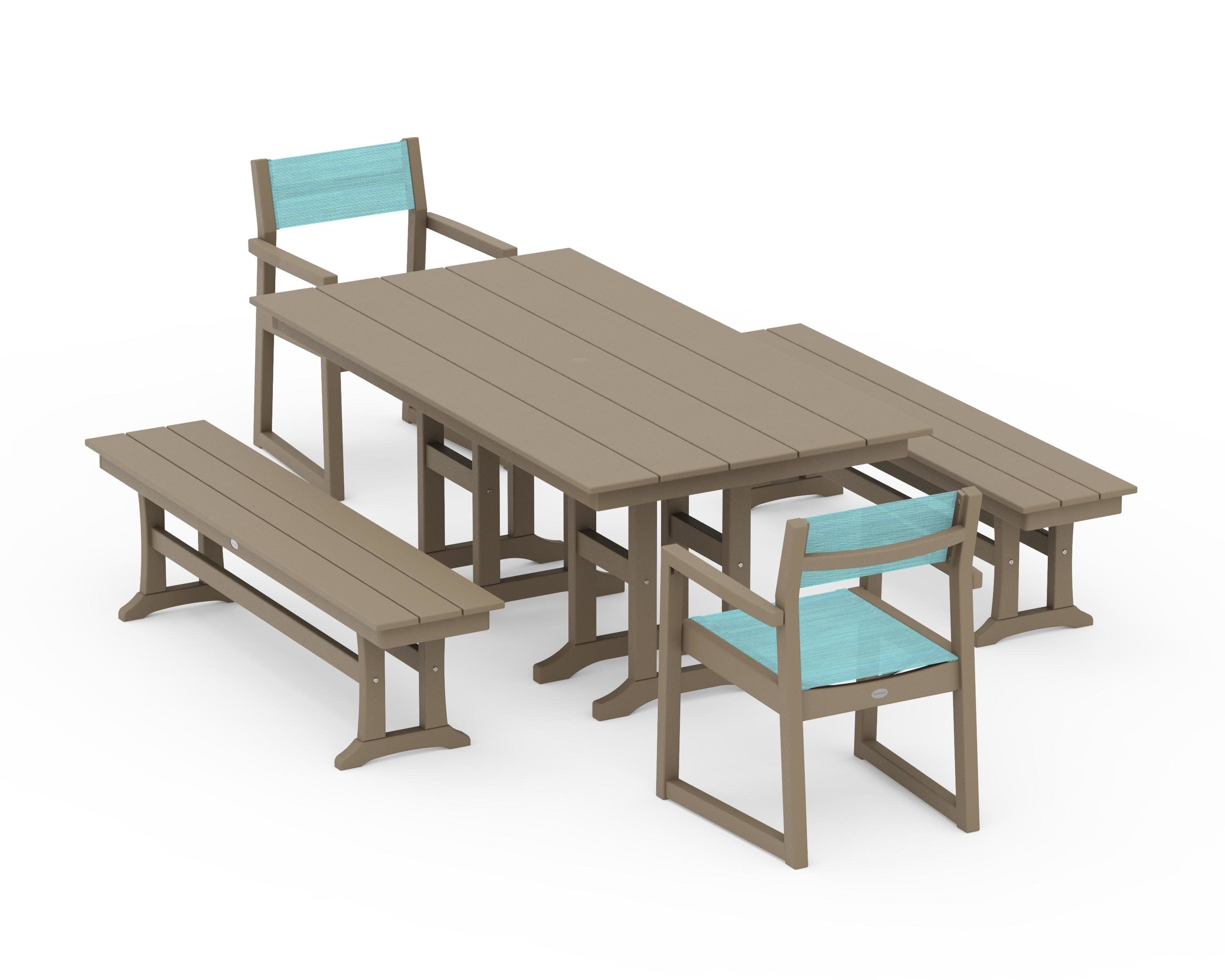 EDGE Sling Arm Chair 5-Piece Farmhouse Dining Set with Benches in Vintage Sahara / Dupioni Aquamarine Sling