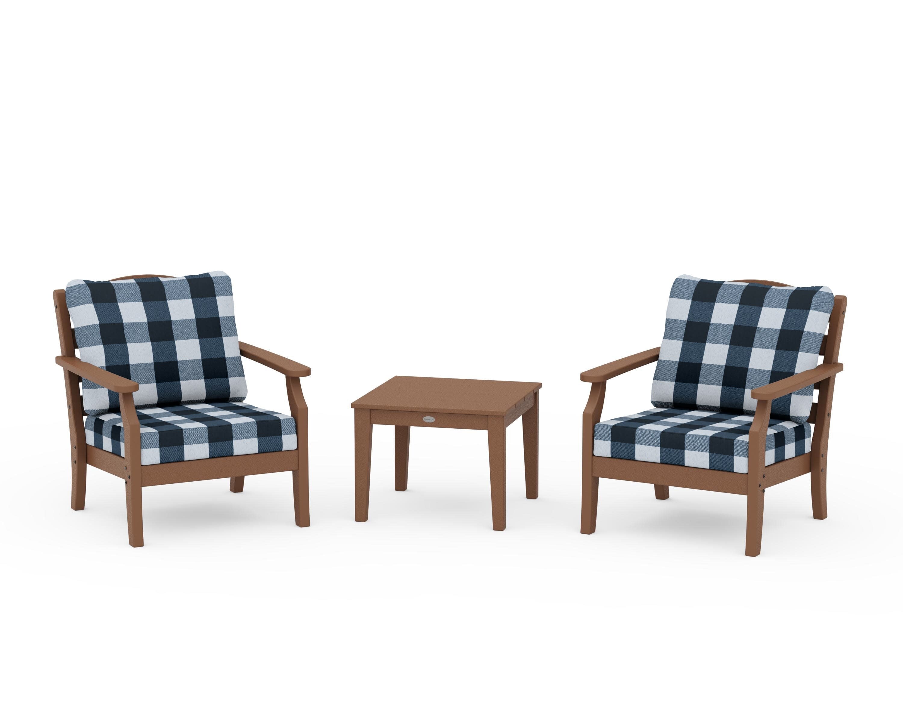 Savannah 3-Piece Deep Seating Set in Teak / Buffalo Plaid Marine Indigo