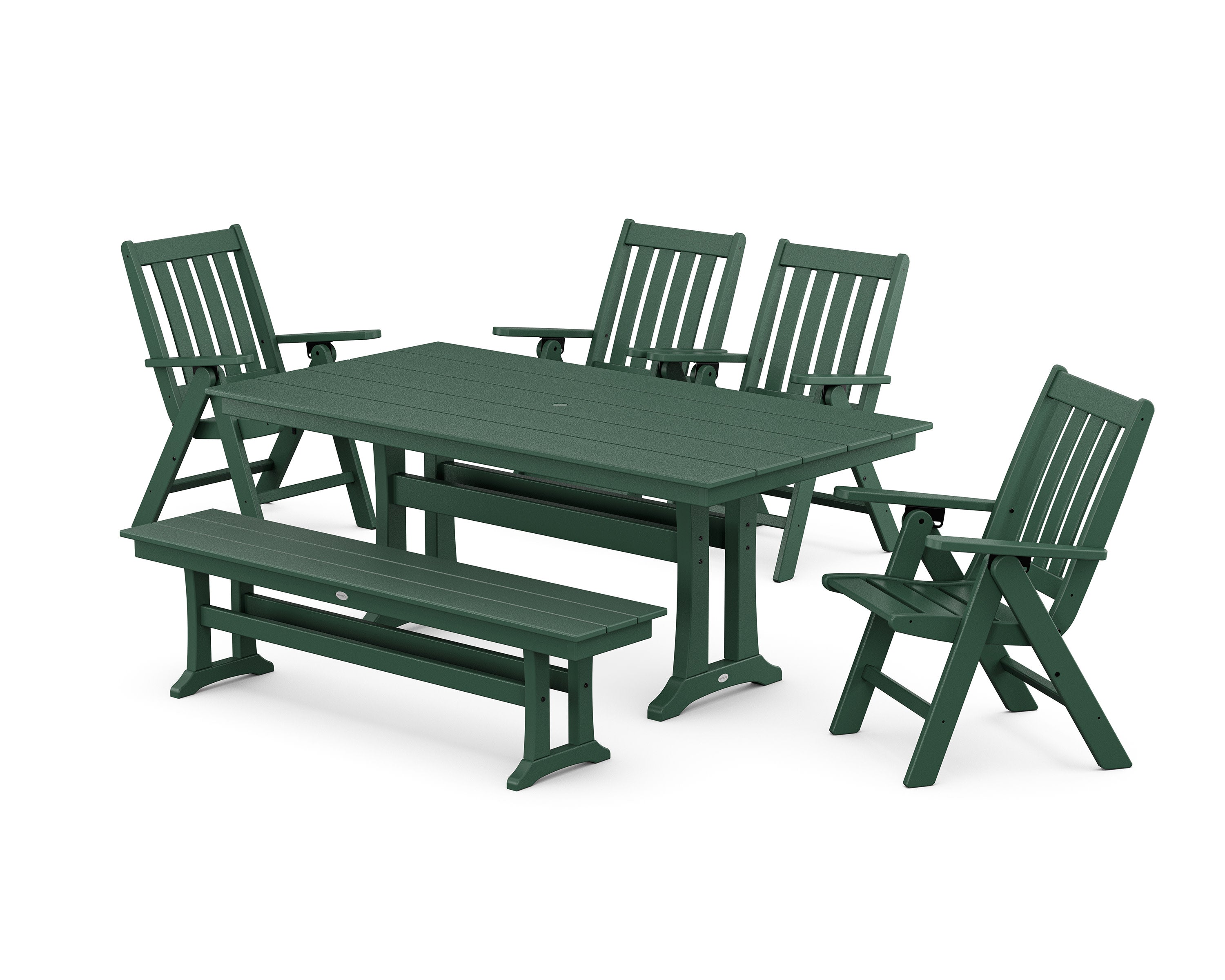 Vineyard 6-Piece Folding Chair Farmhouse Dining Set with Trestle Legs and Bench in Green