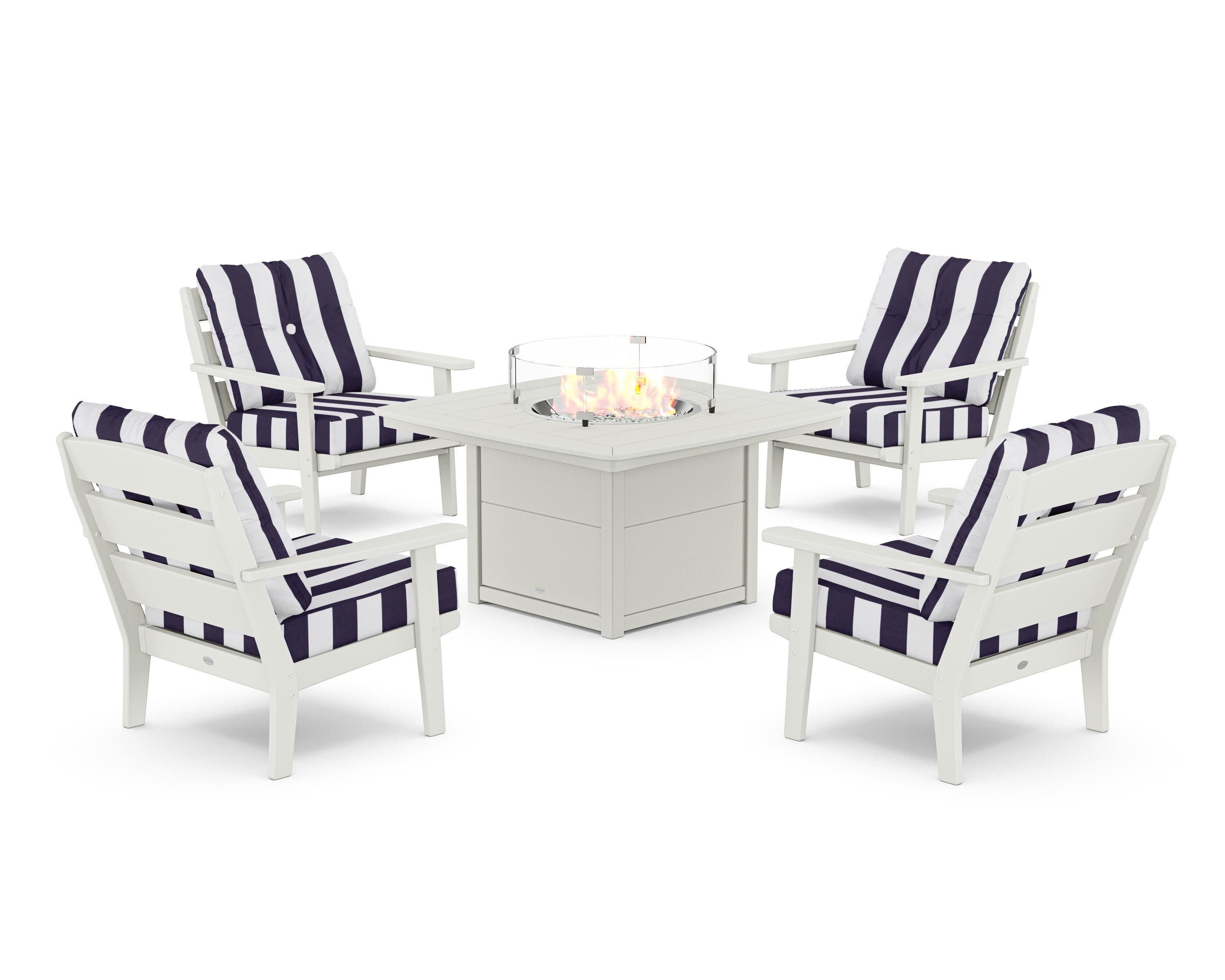 Lakeside 5-Piece Deep Seating Set with Nautical Fire Pit Table in Vintage White / Cabana Stripe Navy