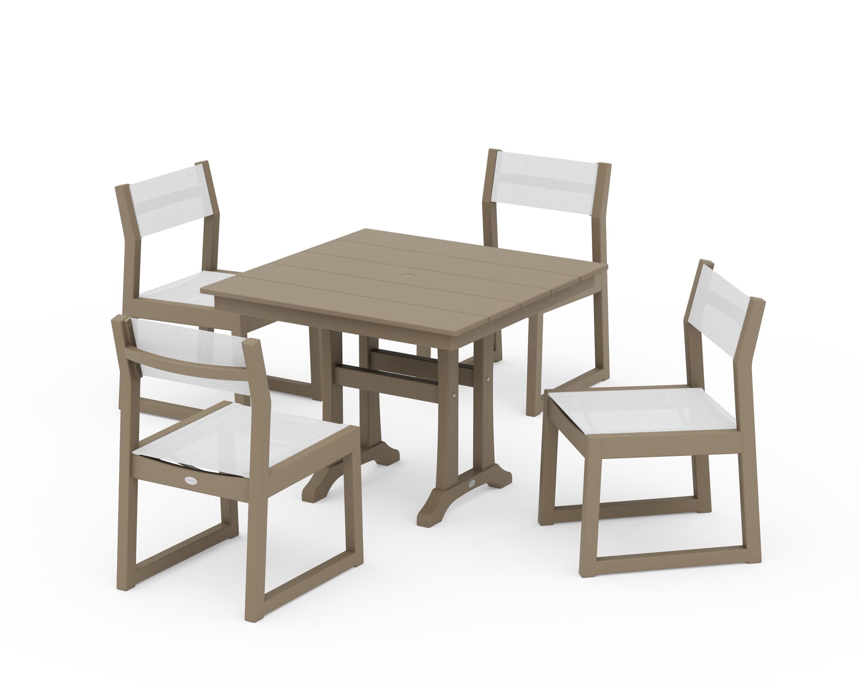 EDGE Sling 5-Piece Farmhouse Trestle Side Chair Dining Set in Vintage Sahara / White Sling