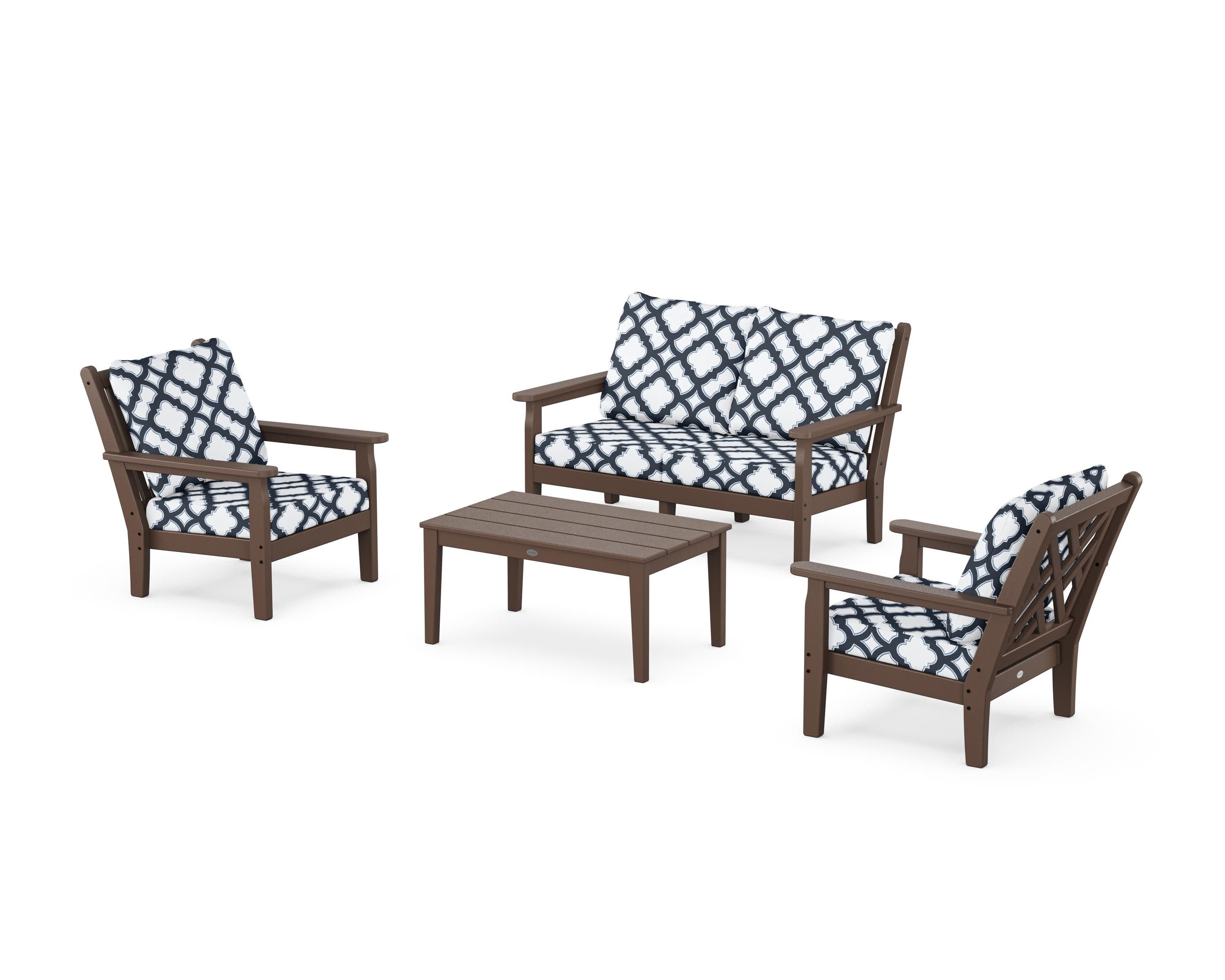 Chippendale 4-Piece Deep Seating Set with Loveseat in Mahogany / Trellis Marine Indigo